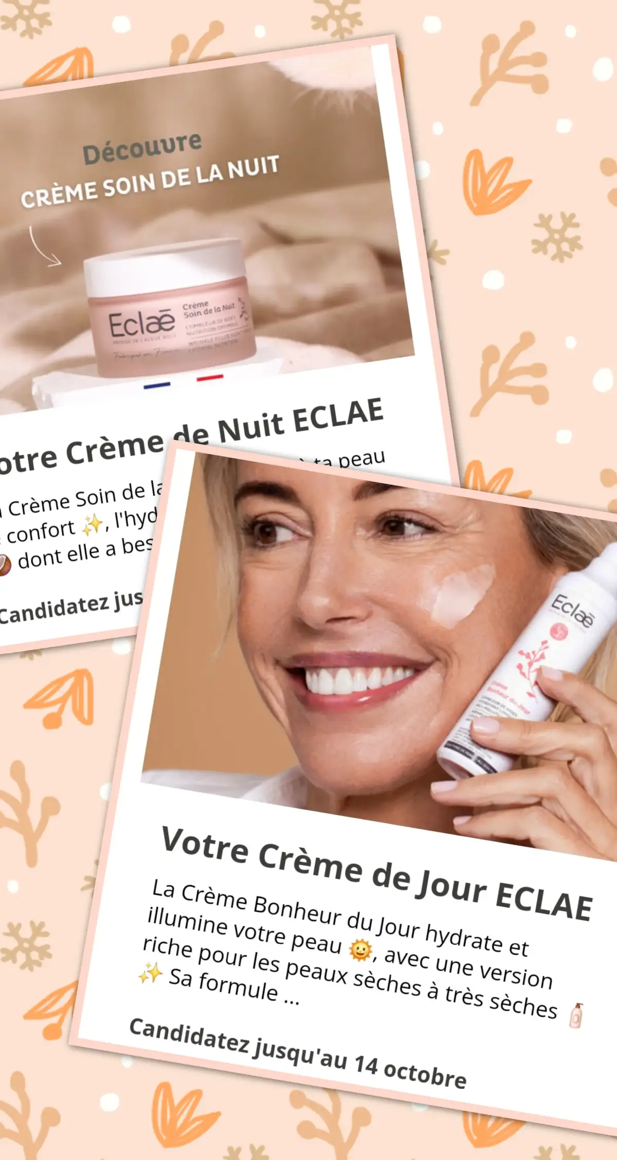 2 nouvelles campagnes de test @ECLAE  : crème de jour et crème de nuit. 🦋🦋🦋 C'est par ici : 🔽🔽🔽 https://www.eclae.com/pages/ambassadeur  Avec mon code parrainage pour plus de chance : 18B6D44AC5D3 🍀🍀🍀 #ambassadeur #ambassadrice #test #campagnedetest #testeur