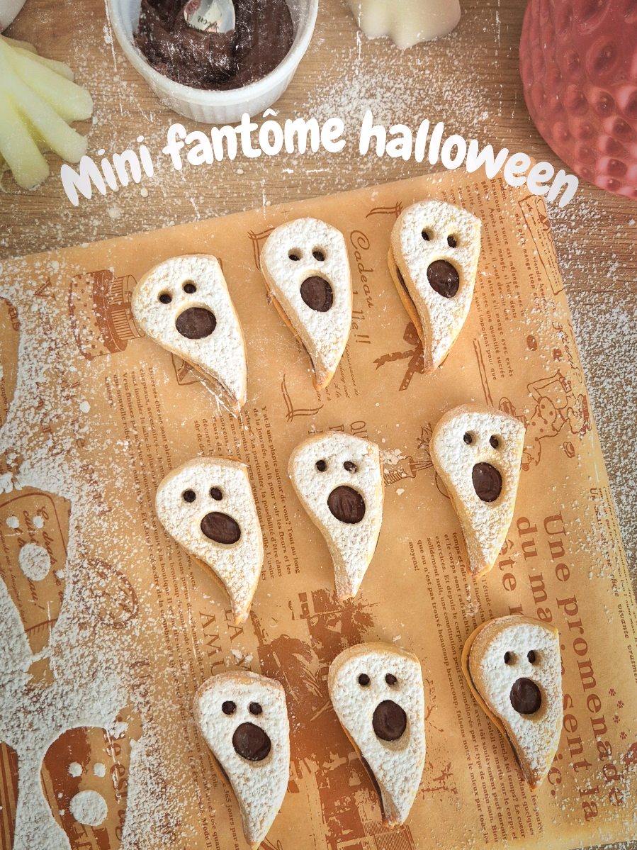 ✨️ Idée goûter ✨️ Ne sont-ils pas à croquer ces petits fantômes ? 👻 La recette :  250g de farine  125g de sucre glace  1 pincée de sel  125g de beurre mou 1 oeuf 1 càc de vanille liquide  Du Nutella pour la garniture  Du sucre glace pour le décor Cuisson 10 minutes à 180 degrés  #sablés #patisserie #kids #instakid #halloween 