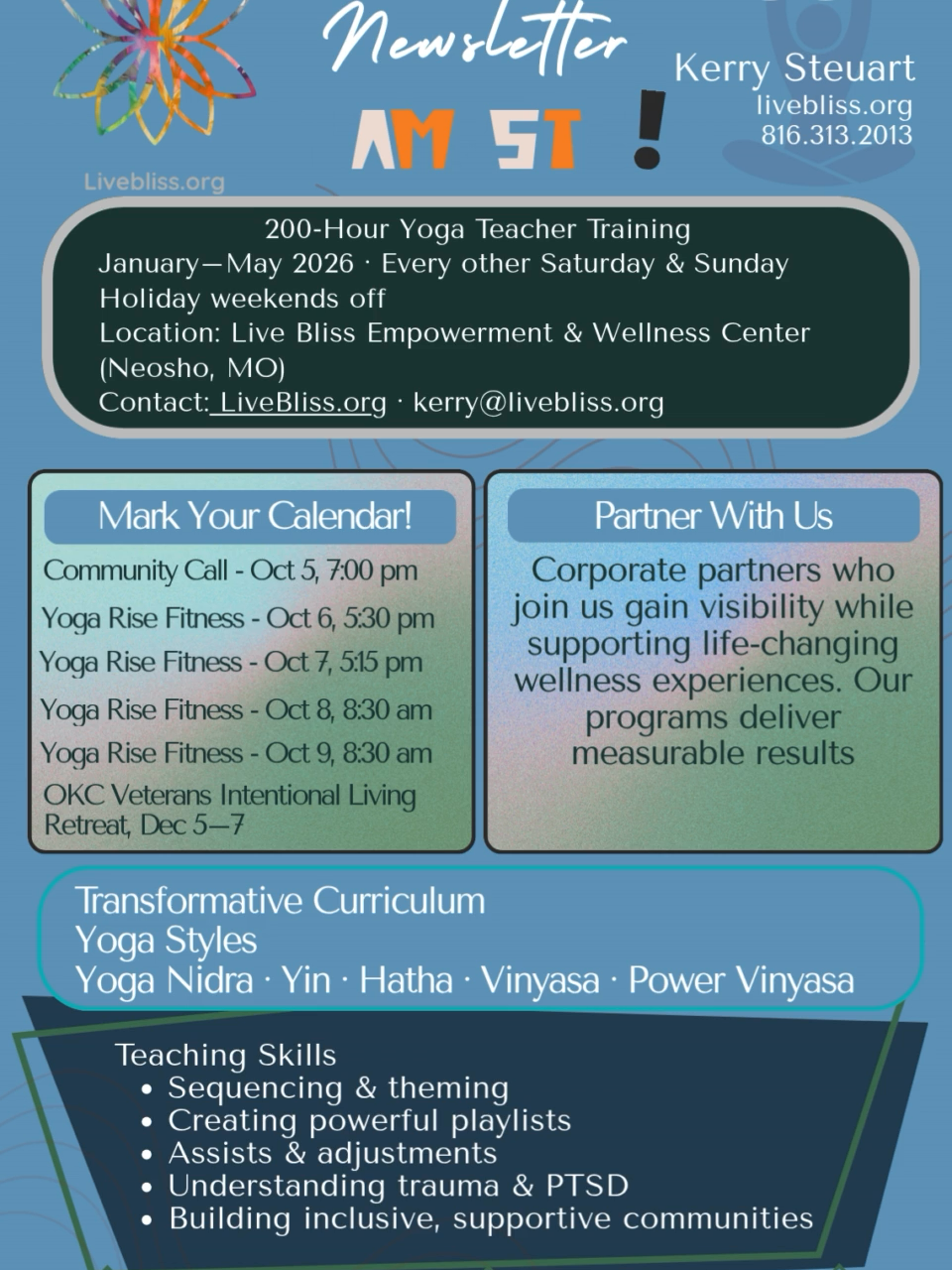 🌿 200-Hour Yoga Teacher Training January – May 2026 Every Other Saturday & Sunday · Holiday weekends off 📍 Live Bliss Empowerment & Wellness Center, Neosho, MO ✨ Ready to deepen your practice and step into the role of a confident yoga teacher? Join us for a transformative 200-hour training designed to awaken your potential, strengthen your skills, and connect you with a supportive community. https://livebliss.org/so/c6PchDJDe?languageTag=en