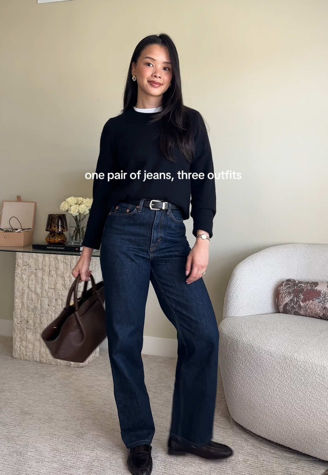 3 easy ways to style the COS column jeans! I could wear them with every outfit because they are the best fitting and most flattering straight leg denim I own!  @COS @J.Crew @Banana Republic @DeMellier @Freja NYC @Aritzia @Sézane #falloutfitinspo #elevatedoutfits #denimondenim #darkdenim #fallstyleinspo 