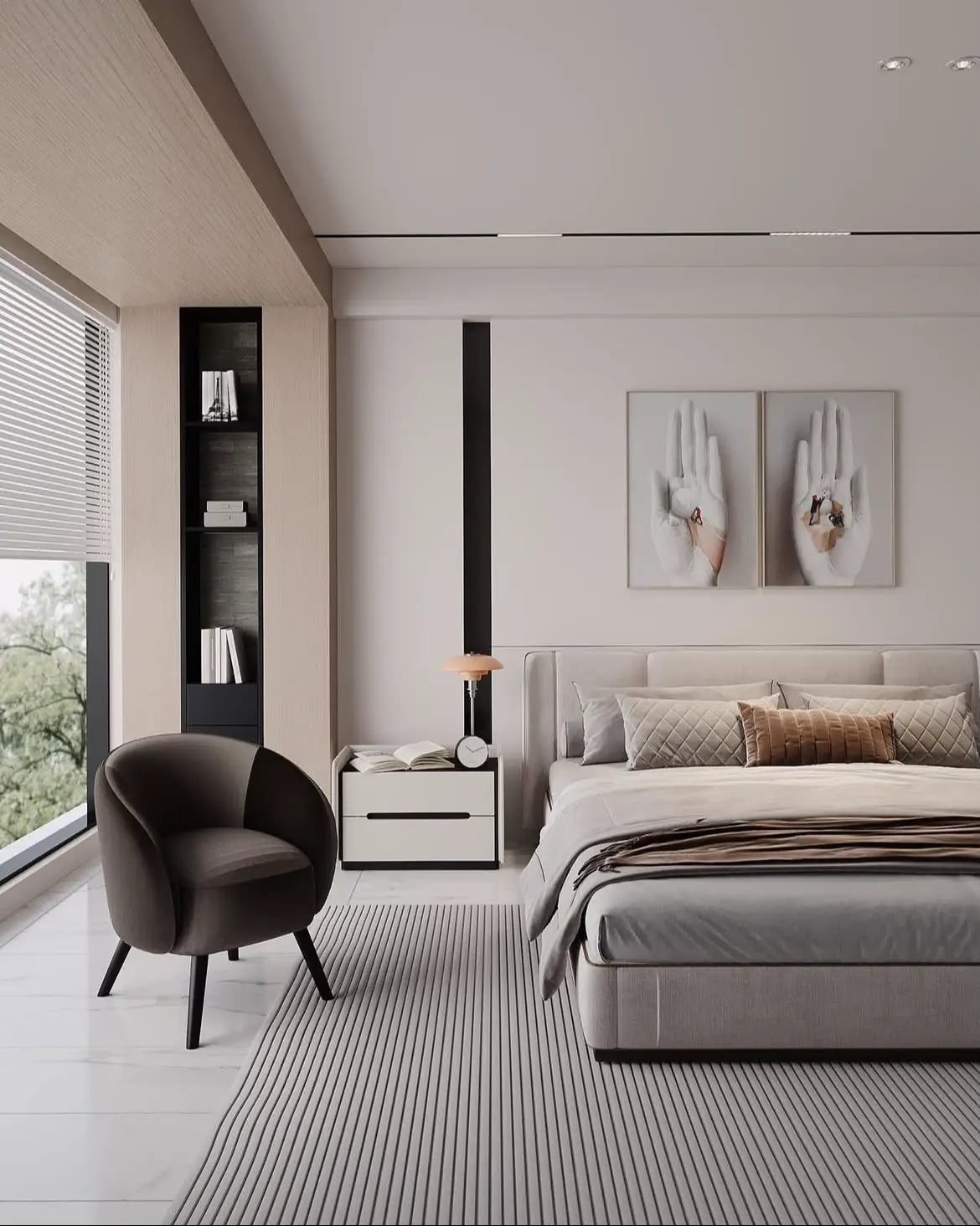 Step into serenity with this master bedroom design, where modern minimalism meets luxurious comfort. ✨ #اثاث_ديكورات_داخلية 