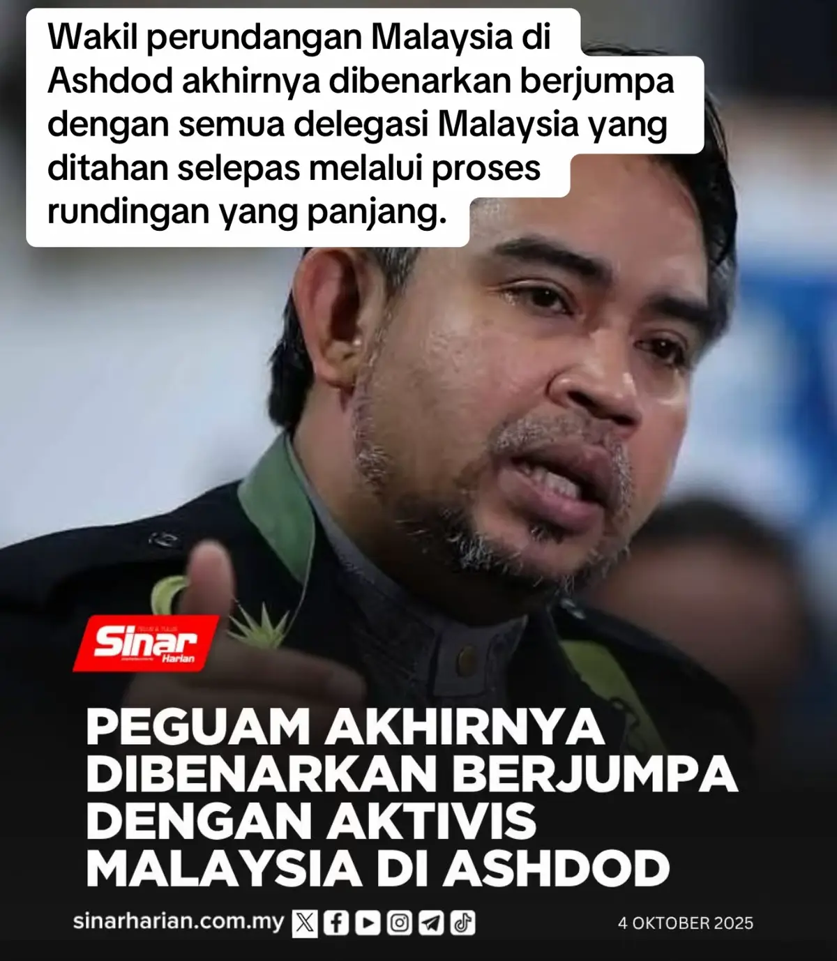 SEPANG – Wakil perundangan Malaysia di Ashdod akhirnya dibenarkan berjumpa dengan semua delegasi Malaysia yang ditahan selepas melalui proses rundingan yang panjang. Ketua Pengarah Pusat Kawalan Sumud Nusantara (SNCC), Datuk Dr Sani Araby Abdul Alim berkata, pada peringkat awal, wakil perundangan tersebut dinafikan akses untuk berhubung dengan aktivis Malaysia yang menyertai Misi Global Sumud Flotilla (GSF). Katanya, selepas tekanan kuat daripada komuniti antarabangsa termasuk negara-negara Eropah, ASEAN serta Malaysia sendiri, pihak berkuasa Israel akhirnya memberi laluan kepada wakil undang-undang bertemu delegasi. “Ini adalah hasil daripada desakan dunia yang bangkit, termasuk tekanan diplomatik yang konsisten. Hasilnya, wakil kita akhirnya dapat bertemu mereka,” katanya pada sidang media di Mapim Central Warehouse, Sepang, malam Jumaat. Menurut beliau, pertemuan itu membolehkan SNCC mengesahkan bahawa semua delegasi Malaysia berada dalam keadaan selamat dan sihat. Mengulas lanjut, Sani Araby menjelaskan bahawa komunikasi dengan aktivis Malaysia tidak dapat dilakukan secara langsung sejak mereka ditahan kerana semua telefon bimbit telah dicampakkan ke laut mengikut prosedur keselamatan flotila. “Ketika kapal diserbu, telefon dibuang keluar untuk mengelakkan akses musuh. Justeru, komunikasi terus dengan mereka tidak ada sejak itu,” ujarnya. Beliau bagaimanapun berkata, mesej SOS berjaya dihantar oleh kapten kapal sebelum ia dirampas tentera Zionis, sekali gus mengesahkan penahanan mereka. Israel perlu bebaskan aktivis Malaysia dalam tempoh tiga hari - Peguam SNCC sahkan delegasi Malaysia selamat, rundingan pembebasan diteruskan GSF: Semua rakyat Malaysia akan dihantar pulang melalui negara ketiga Dalam pada itu, Sani Araby menegaskan penahanan delegasi Malaysia serta ratusan aktivis antarabangsa lain adalah tindakan tidak munasabah kerana misi flotila ini bersifat aman tanpa sebarang senjata. Katanya, seluruh peserta memberikan kerjasama sepenuhnya kepada pihak berkuasa Israel sepanjang proses rampasan kapal, malah rakaman kamera litar tertutup (CCTV) boleh membuktikan mereka tidak melakukan sebarang tindakan mencurigakan. “Delegasi kita tidak pernah membawa senjata, tidak pernah melakukan provokasi. Semua bukti jelas menunjukkan mereka tidak menimbulkan ancaman,” ujarnya. Justeru, beliau menyifatkan tindakan Israel menahan peserta flotila sebagai pencabulan serius terhadap hak asasi manusia dan pelanggaran prinsip kemanusiaan antarabangsa.