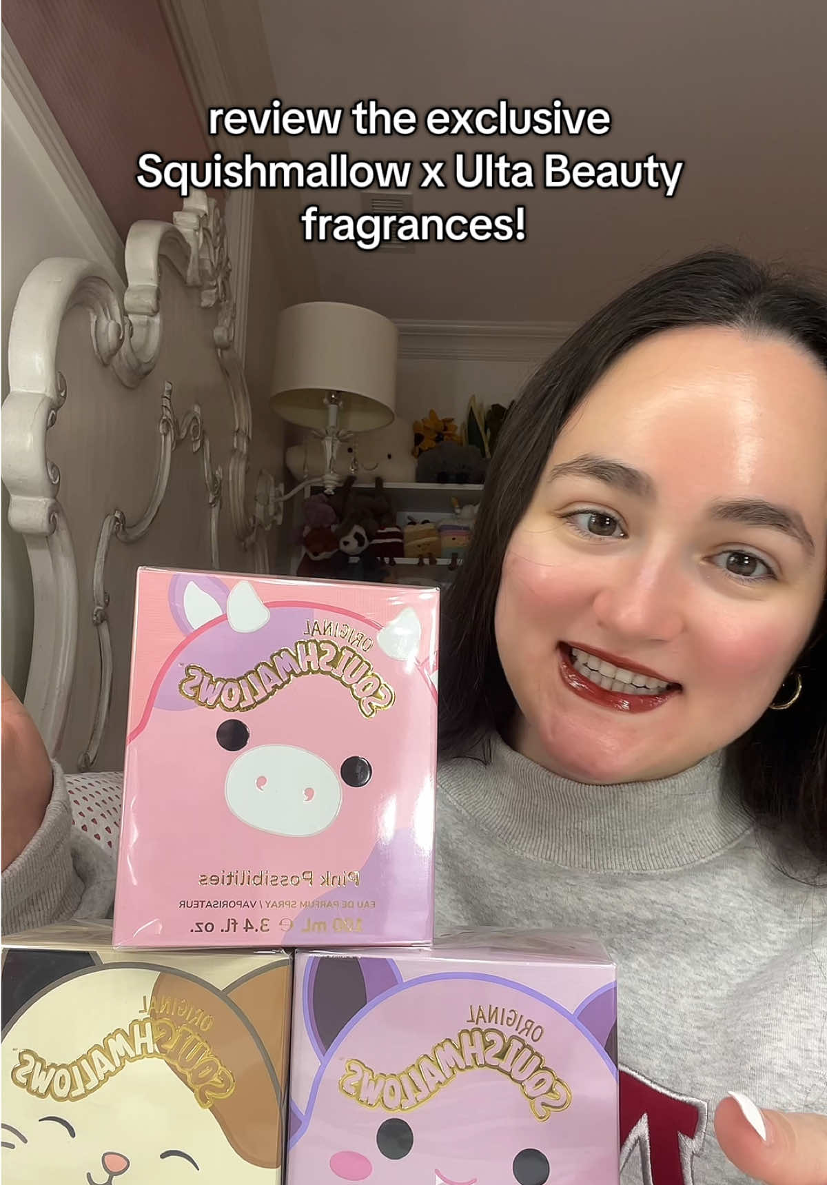 Which scent would you grab first? 🍓🧁🍒 @Squishmallows is launching their fragrance with @Ulta Beauty on October 5th and they’re as adorable as you’d imagine. I got to experience the launch first hand and each scent is crafted with EmotiWaves™ technologu to boost mood through scent! Here are their three exclusive scents:  ☕️bWhisked Away: Cozy vanilla latte vibes with notes of foamy milk, caramel drizzle, and vanilla. Inspired by Cam the Cat’s love for comfort. 🍓 Pink Possibilities: Fruity floral dream with fresh strawberry, kiwi, and pink sugar. Inspired by Patty the Cow’s farmer’s market booth. 🌙 Moonlit Mist: Whimsical and mysterious with green apple, sweet cherry, and lychee blossom. Inspired by Zumirez the Bat’s enchanted forest. When you buy a full-size fragrance at Ulta, you get an exclusive Cam the Cat Squishmallow plush to match. It’s limited edition, and I’m already on the hunt to complete my set! 🤩  Let me know in the comments which scent you’re dying to try 💬 Follow for more cozy drops and cute collabs 💕 #squishmallows #ultabeauty #squishmallowfragrance #perfumetiktok #newfragrance 