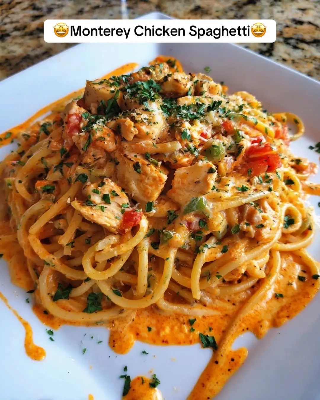 Monterey Chicken Spaghetti Ingredients: 12 oz spaghetti 1 lb boneless, skinless chicken breasts, cut into bite-sized pieces 2 tablespoons olive oil 1 small onion, finely chopped 2 cloves garlic, minced 1 cup diced tomatoes (canned or fresh) 1/2 cup green bell pepper, diced 1 cup shredded cheddar cheese 1 cup shredded Monterey Jack cheese 1/2 cup cream cheese 1/2 cup chicken broth 1/2 cup heavy cream 1 teaspoon chili powder (optional) 1/2 teaspoon salt 1/2 teaspoon black pepper Fresh parsley, chopped (for garnish) ### Instructions: 1. Cook the spaghetti according to package directions. Drain and set aside. 2. In a large skillet, heat olive oil over medium-high heat. Add chicken pieces and cook until browned and cooked through, about 5–7 minutes. Remove from the skillet and set aside. 3. In the same skillet, add onion, garlic, diced tomatoes, and green bell pepper. Cook for 4–5 minutes until softened. 4. Reduce heat to medium, stir in cream cheese, chicken broth, and heavy cream. Cook until fully blended into a smooth, creamy sauce, about 3–4 minutes. 5. Add shredded cheddar and Monterey Jack cheeses. Stir until melted into a thick, gooey, rich sauce. Season with chili powder, salt, and pepper. 6. Return the cooked chicken and spaghetti to the skillet. Toss gently until the pasta and chicken are completely coated in the cheesy sauce. 7. Remove from heat, sprinkle with fresh parsley, and serve hot, with extra cheese on top if desired. Prep Time: 15 minutes Cook Time: 20 minutes (stovetop) Total Time: 35 minutes Servings: 6 #MontereyChickenSpaghetti #fyp #earthangel #share #foryou #repost #recipeladygang #recipady1111 #cookingrecipes #recipesforyou #recipelady #recipesoftiktok #comfortfood 