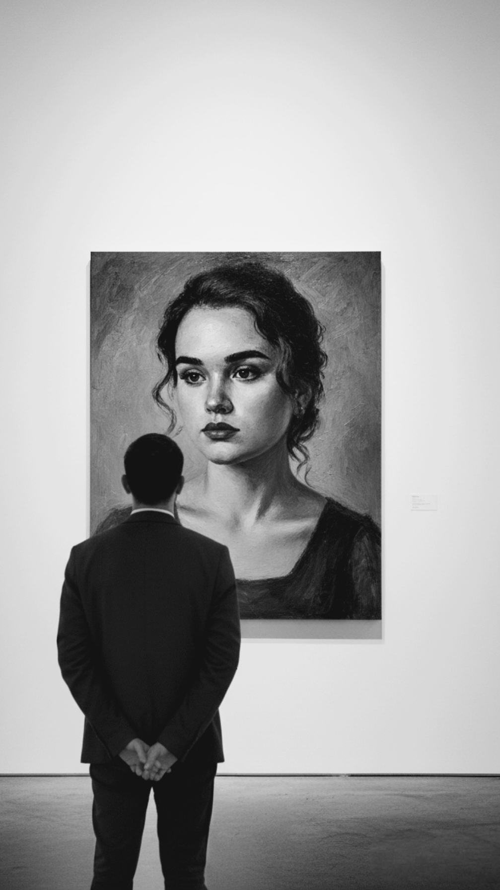 Using the attached image as reference for the girl’s face and appearance,create a scene where her lover is sitting or standing in a modern art gallery,seen from behind,looking at a large oil painting portrait of herself on the wall.The painting should depict the same girl in a realistic expressive oil-painting style,showing her face and upper body with textured brush strokes and muted colors.The gallery wall is clean and white with a soft spotlight illuminating the artwork,creating a professional exhibition atmosphere. #gemini_nt #google #turkmenistan🇹🇲tiktok #beniönecikart 