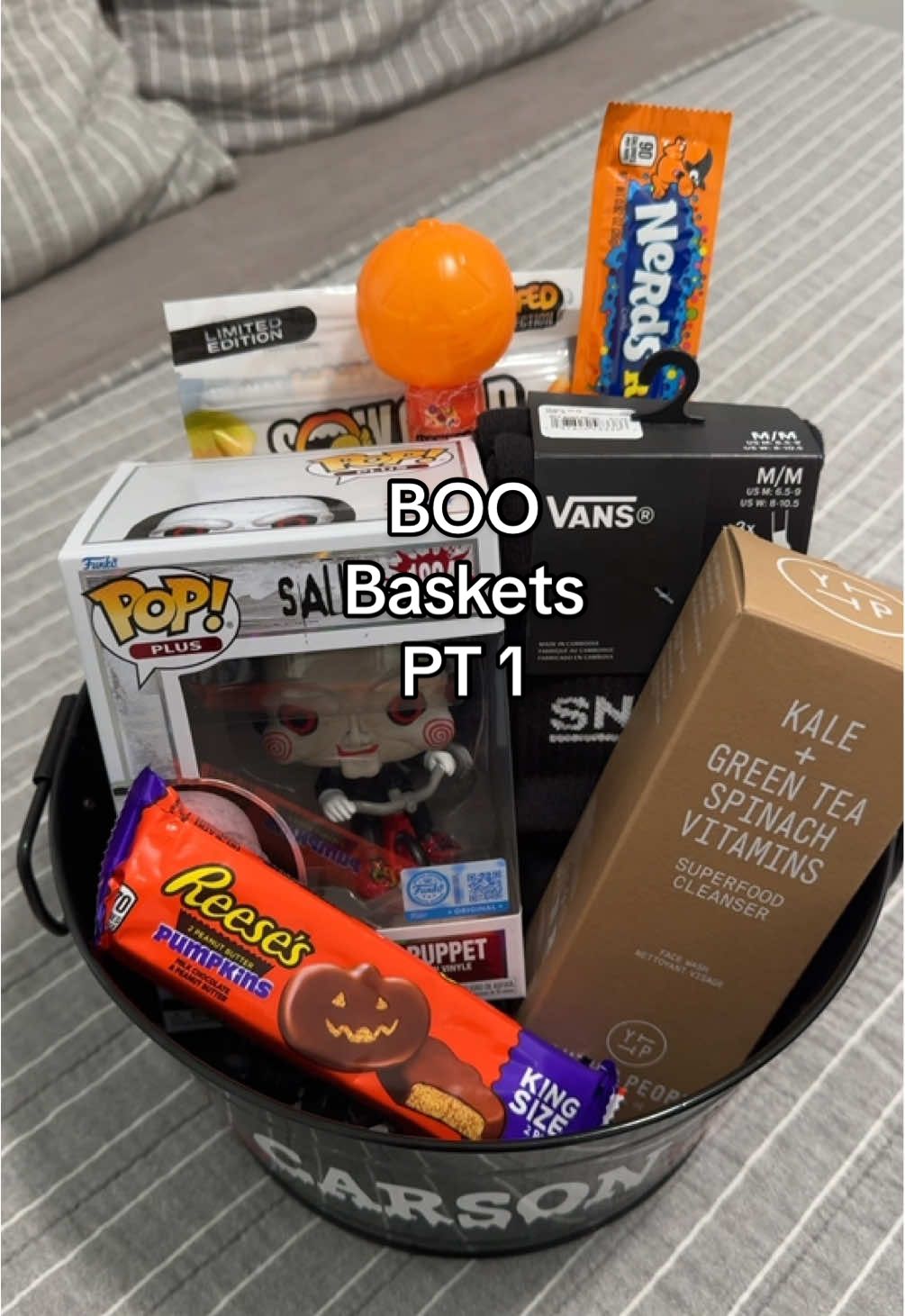 BOO! 👻 Let’s make Lincoln & Carson’s BOO baskets. @American Eagle @vans @pradabeauty @Youth To The People @Reeses @OriginalFunko #momlife #halloween #boobasket #boobasketideas #lifewithkids 