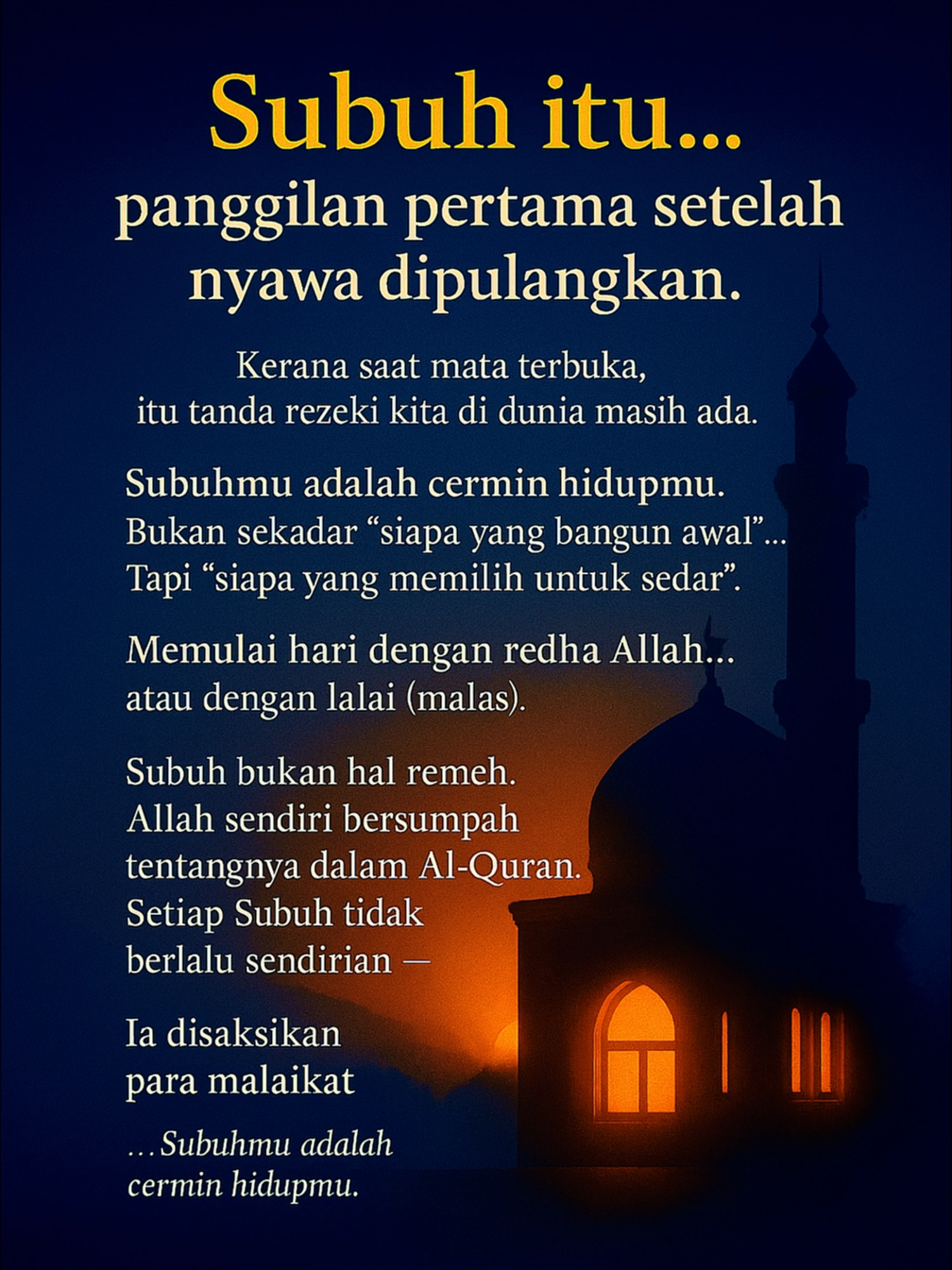 Kadang kita rasa berat nak bangun Subuh bukan sebab mengantuk… Tapi sebab hati belum benar-benar yakin yang esok itu bukan jaminan. Subuh adalah pintu pertama yang Allah buka setiap hari — bukan untuk suruh kita sempurna… tapi untuk bagi peluang mula semula. Kalau hari semalam penuh silap, mulakan Subuh sebagai penebus. Kalau hati semalam letih, mulakan Subuh sebagai ubat. Kerana orang yang menjaga Subuh, hakikatnya sedang menjaga hidupnya sendiri. 🕊️ #RezekiBermulaDiSejadah #bangunsubuh #subuh #subuhmacamjumaat #Aristansri