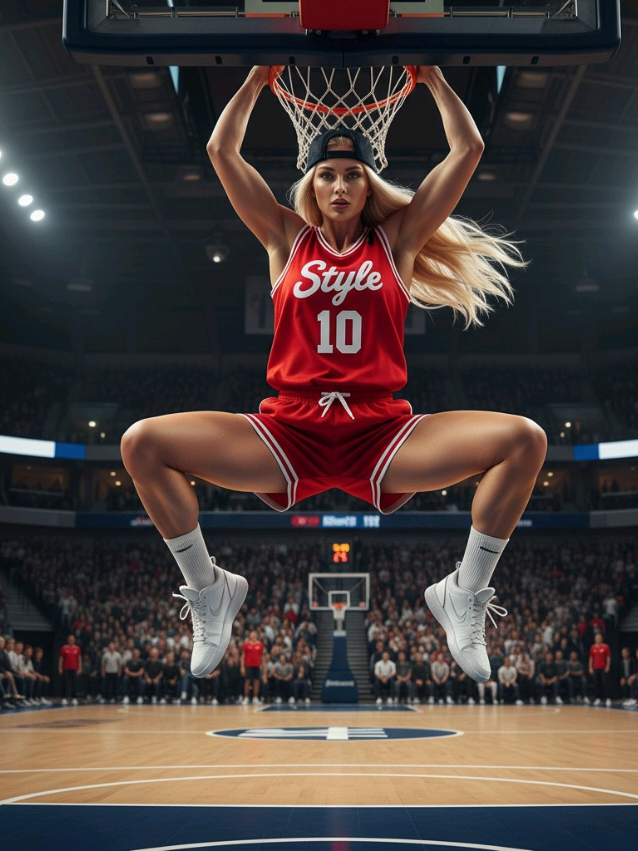 AI Trending Prompt Gemini  Tutorial  Passo 1: Abra o Gemini Ai no Chrome Passo 2: Baixe sua foto Passo 3: Copie este prompt  Crie uma imagem editorial fictícia e ilustrativa e gere um retrato feminino de alta gama, ultra realista, preservando com precisão as feições originais do rosto, proporções corporais, cabelo, olhos, tom de pele e expressão. Gere uma foto hiper-realista em 8K, vertical 9:16, no estilo editorial cinematográfico de moda urbana esportiva. Uma mulher loira alta (1,80m, 69kg, corpo atlético e forte, pele clara, olhos verdes, cabelo loiro  liso grande abaixo  os ombros) está sentada em cima do aro da cesta de basquete, com as pernas abertas em postura confiante. Ela apoia o cotovelo direito sobre o joelho e segura uma bola de basquete Wilson apoiada no ombro esquerdo. Veste uma camisa vermelha  de basquete feminino escrito 