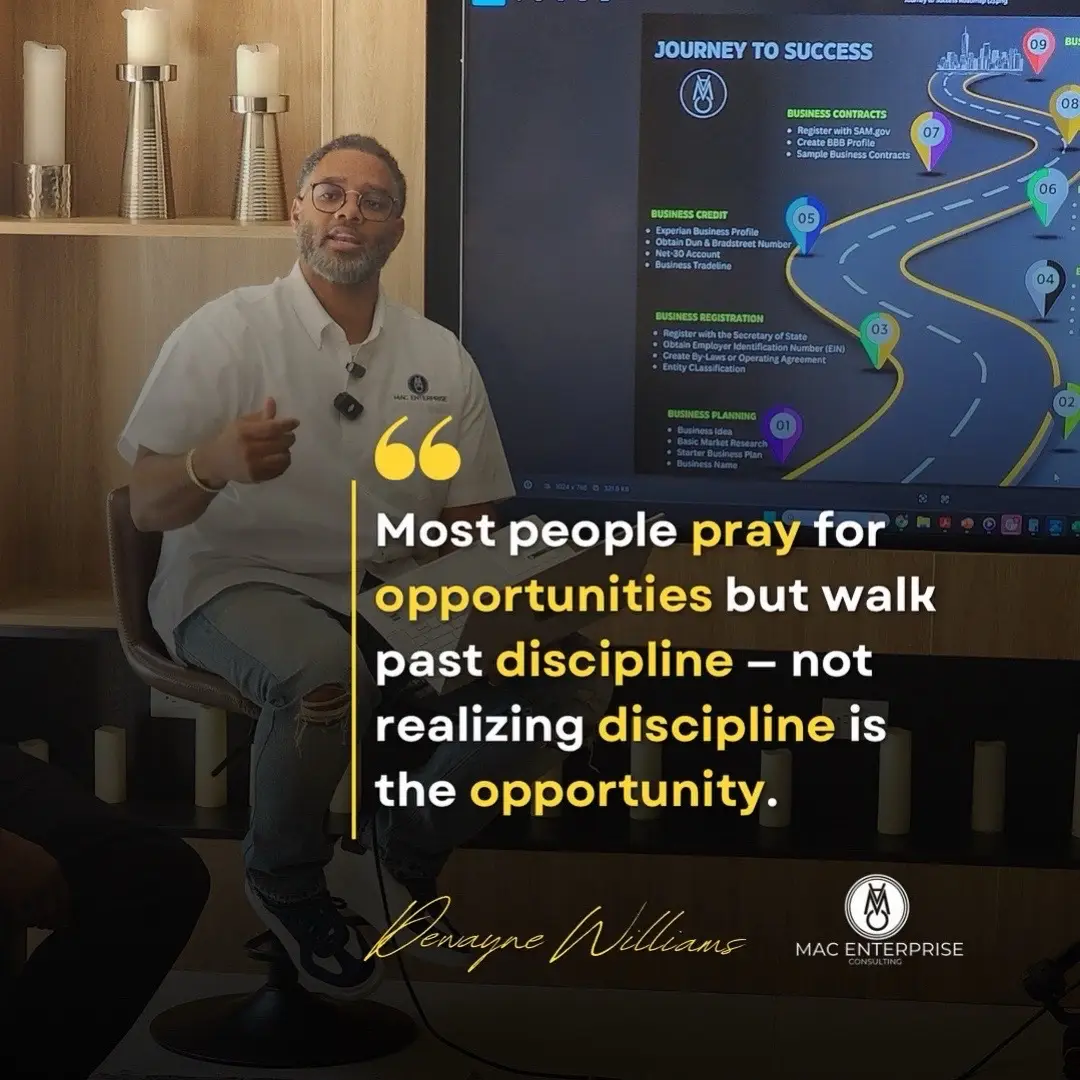 Discipline is the foundation of every lasting opportunity. 💡 When you master discipline, you unlock the doors that prayer and vision alone can’t open. I’ve seen this truth transform businesses and lives, and it’s a message I love sharing with teams, leaders, and communities. If your organization values growth and legacy, I’m always open for speaking engagements to help bring this perspective to life. #DewayneWilliams #DewayneTheMac #BusinessMindset #DisciplineEqualsOpportunity #Entrepreneurship 