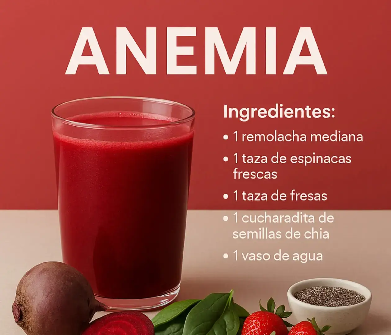 🍓 Jugo para la Anemia La anemia puede causar cansancio y debilidad. Este jugo rojo es rico en hierro y vitamina C, perfecto para elevar tu energía. Receta: 1 remolacha mediana 1 taza de espinacas frescas 1 taza de fresas 1 cucharadita de semillas de chía 1 vaso de agua 👉 Coloca todo en la licuadora y procesa hasta obtener una mezcla homogénea. Consume de inmediato para aprovechar mejor los nutrientes. Beneficios: La remolacha es rica en hierro y folatos. Las espinacas aportan hierro vegetal. Las fresas ayudan a absorber el hierro gracias a la vitamina C. La chía agrega omega 3, minerales y proteínas. #vidasaludable🏋️‍♀️💪🏻🥑🥦🍓☕ #recetasaludable  #jugonatural #jugoparalaanemia #anemia 