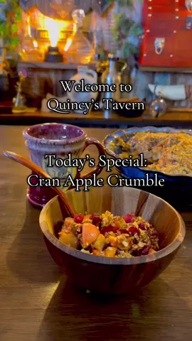 Cran Apple Crumble! Ingredients: - Apple Filling     - 5 Medium Sized Apples (chopped) -- use whatever you like, but I used Honeycrisp. You can optionally peel your apples, but I choose not to.     - 1 Tablespoon - Lemon Juice     - 1/2 Cup - Brown Sugar     - 1/4 Cup - Craisins     - 1/2 Teaspoon - Ground Cinnamon     - Pinch of Nutmeg     - Pinch of Salt - Crumble Topping     - 1 Cup - Rolled Oats     - 1/2 Cup - All Purpose Flour     - 1/2 Cup - Brown Sugar     - 1/2 Cup - Butter (cut into cubes)     - 1 Teaspoon - Ground Cinnamon     - Pinch of Salt Preparation: 1. Preheat your oven to 400f/200c 2. In your baking dish of choice, add all Apple filing ingredients. (chopped Apples, Lemon Juice, Brown Sugar, Craisins, Ground Cinnamon, Pinch of Nutmeg, and Pinch of Salt.) 3. Mix until well combined. 4. In a large mixing bowl, combine all Crumble Topping ingredients. (Rolled Oats, All Purpose Flour, Brown Sugar, cubed Butter, Ground Cinnamon, Pinch of Salt.) 5. Use your hands to pinch and incorporate the butter into the dry ingredients until you achieve a crumbly texture with clumps of batter. 6. Add the Crumble Topping over the Apple Filling 7. Bake at 400f/200c for 30 minutes or until golden brown. 8. Let sit for about 30 minutes to allow the apple filling to thicken before serving with whipped cream or vanilla ice cream. #quincys #quincystavern #EasyRecipe 