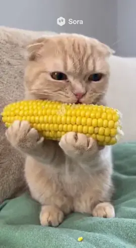 A cat holding corn with its hands and eating it#sora2 #ai 