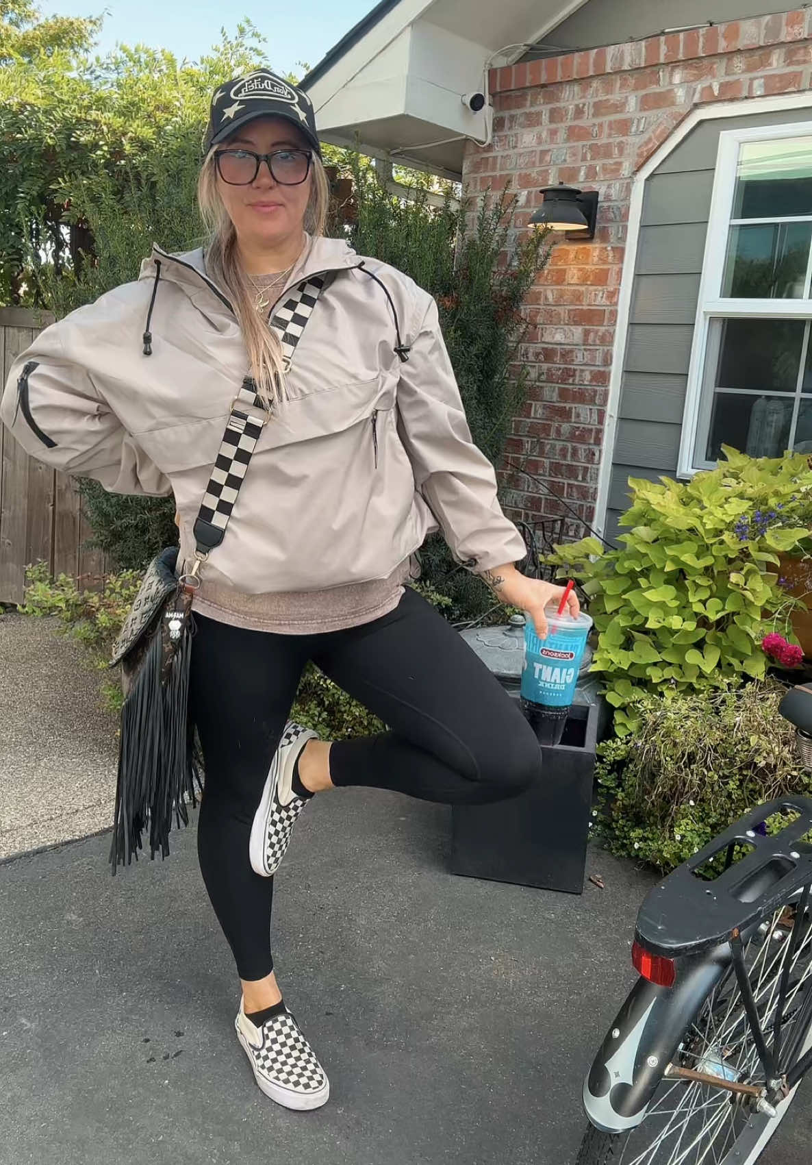 Outfit details🖤  Jacket: @PUFFIT.US size XL  Leggings: @Halara_official size L Hat: @Von Dutch  Shoes: @vans from @Tillys  Purse: @brittbyrd1718  Drink: Diet Coke from @jacksonsfoodstores  #falloutfit #momoutfit #comfyclothes #OOTD #midsize 
