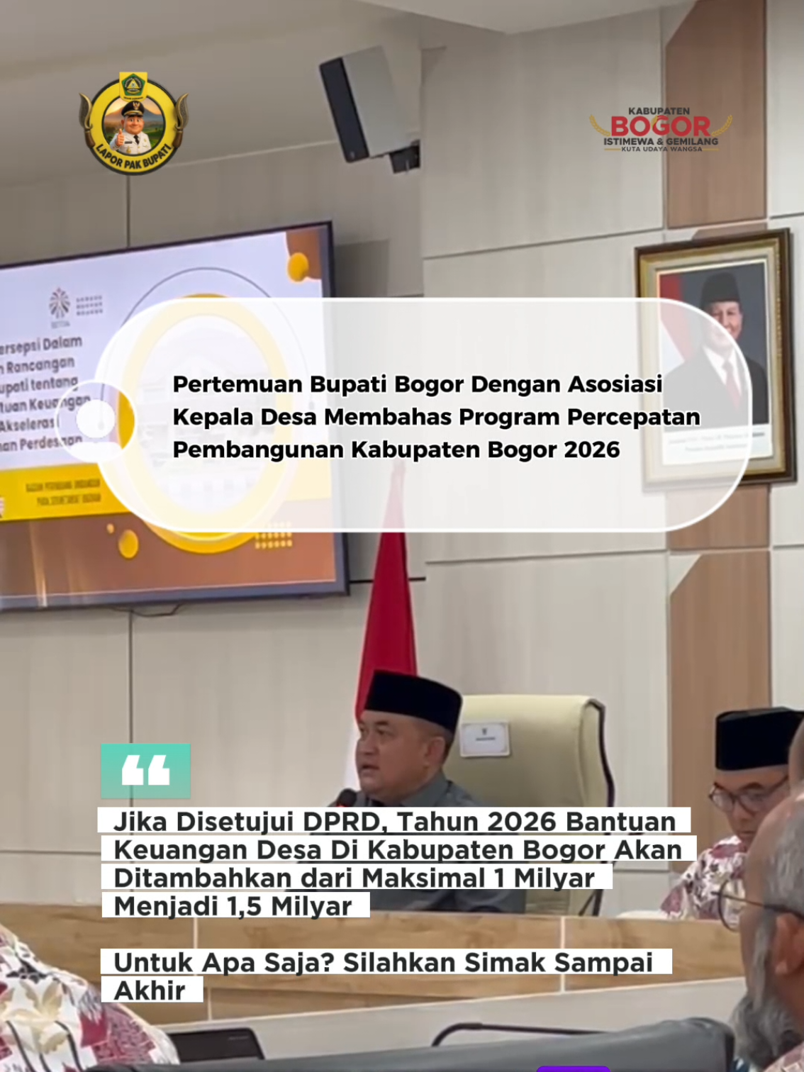 Bupati Bogor Rudy Susmanto mengadakan pertemuan dengan Asosiasi Pemerintah Desa Seluruh Indonesia (APDESI) DPC Kabupaten Bogor untuk membahas rencana program percepatan pembangunan Kabupaten Bogor tahun 2026  Bupati Bogor sedang mempersiapkan rancangan Peraturan Bupati terkait tata kelola penggunaan anggaran Bantuan Keuangan (Bankeu) tahun 2026 yang bisa dipergunakan bukan hanya untuk infrastruktur saja tapi bisa ke lain hal seperti bantuan sosial keagamaan dan fasilitasnya, bantuan pengembangan UMKM dan program satu sarjana satu Desa Jika rancangan Peraturan Bupati ini disetujui oleh DPRD Kabupaten Bogor, maka pada tahun 2026 mendatang, setiap Desa di Kabupaten Bogor yang berjumlah 416 ini akan mendapatkan Bankeu maksimal sebesar 1,5 Milyar  Salam Bogor Istimewa Kuta Udaya Wangsa #desa #masyarakat #rudysusmanto #bupati #bogor 