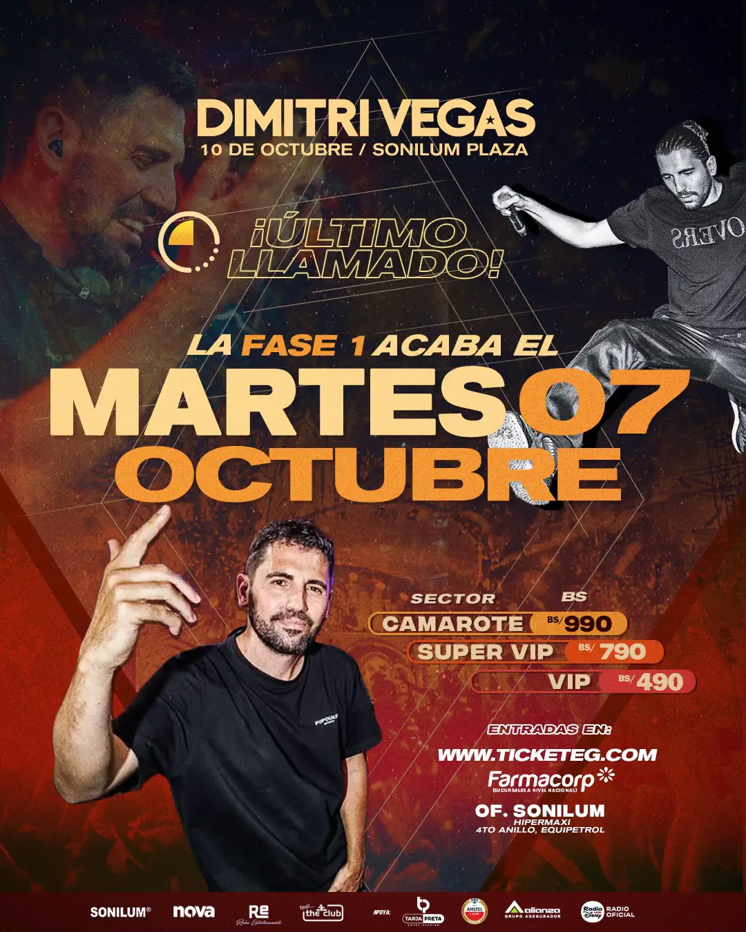 🚨 ¡ÚLTIMO DÍA – FASE 1! 🚨 El rey del Tomorrowland llega a Santa Cruz este 10 de octubre 🎧🔥 ⏳ La Fase 1 cierra el martes 7 de octubre 👉 Es tu última oportunidad para asegurar tu entrada antes del cambio de fase. 📲 ticketeg.com | Farmacorp | Sonilum Xpress (4to anillo – Hipermaxi) 💬 WhatsApp oficial: +591 71375672 #DimitriVegasBolivia #Sonilum #SantaCruzLate #DimitriVegas 