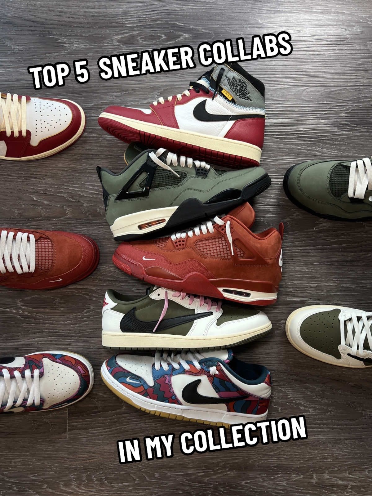 A closer look 👀👀 at the top 5 sneaker collabs in my collection 1. Air Jordan 4 Retro OG SP Brick by Brick (Nigel Sylvester) 2. Jordan 1 Retro Low OG SP Medium Olive (Travis Scott) 3. Jordan 4 Retro OG SP (Undefeated) 4. Nike SB Dunk Low Pro Abstract Art (Parra) 5. Jordan 1 Retro High OG SP Chicago Shadow (Union LA) Which pair is your favorite❔ LET ME KNOW⬇️⬇️⬇️⬇️ #sneakers #sneakerhead #sneakeraddict #shoerotation #sneakercollection