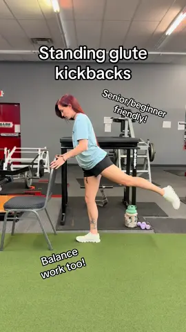 Senior friendly, beginner friendly, at home friendly, or gym friendly!! Everyone can do some sort of kickback variation. Here I’m just doing standing bodyweight glute kickbacks, but you could also add a band around your thighs or ankles, or do these on a cable. Seniors get great balance work on their standing leg with these, so hold onto something if you need to but gently so you can practice your balance as well! Really squeeze your glutes at the top when you pause to connect with the muscle, and take your reps nice and slow. These can work your glutes and low back as well, so don’t worry if you feel it in your back too. Do this movement however works best for you and your body, and enjoy! 🫶🏻💪🏼 @Quick Fitness 24/7 @Barbells & Ponytails 🏋️‍♀️ #girlswholift #gymgirl #glutes #homeworkout #legday 