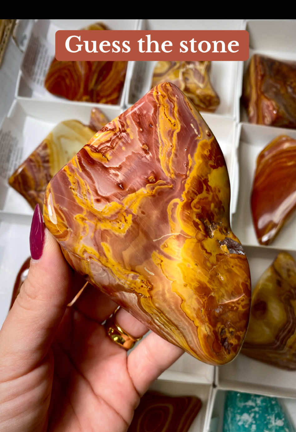 Hint: it’s probably not what you think and- it is its first time in the shop 👀  Cool find from our local gem show today. They’re giving groovy ‘70’s vibes 🌼  #crystaltok #crystals #guessthecrystal 