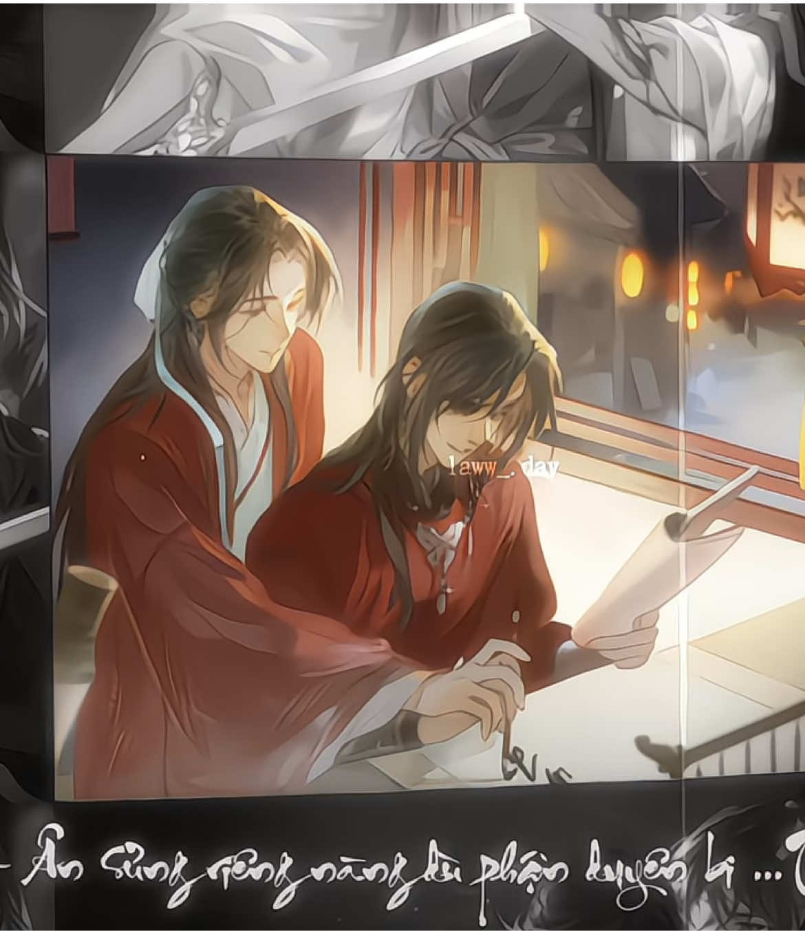 “ 今夜月色温柔，如水般洒落人间。若能与你携手而行，再远的路途也不过闲庭信步。”    “ Đêm nay trăng dịu dàng, rơi xuống nhân gian như dòng nước. Chỉ cần được nắm tay người, dẫu đường dài cũng hóa bước chân thong dong. “ #天官赐福 #sanlang #huacheng #xielian #xh id : k4zha12