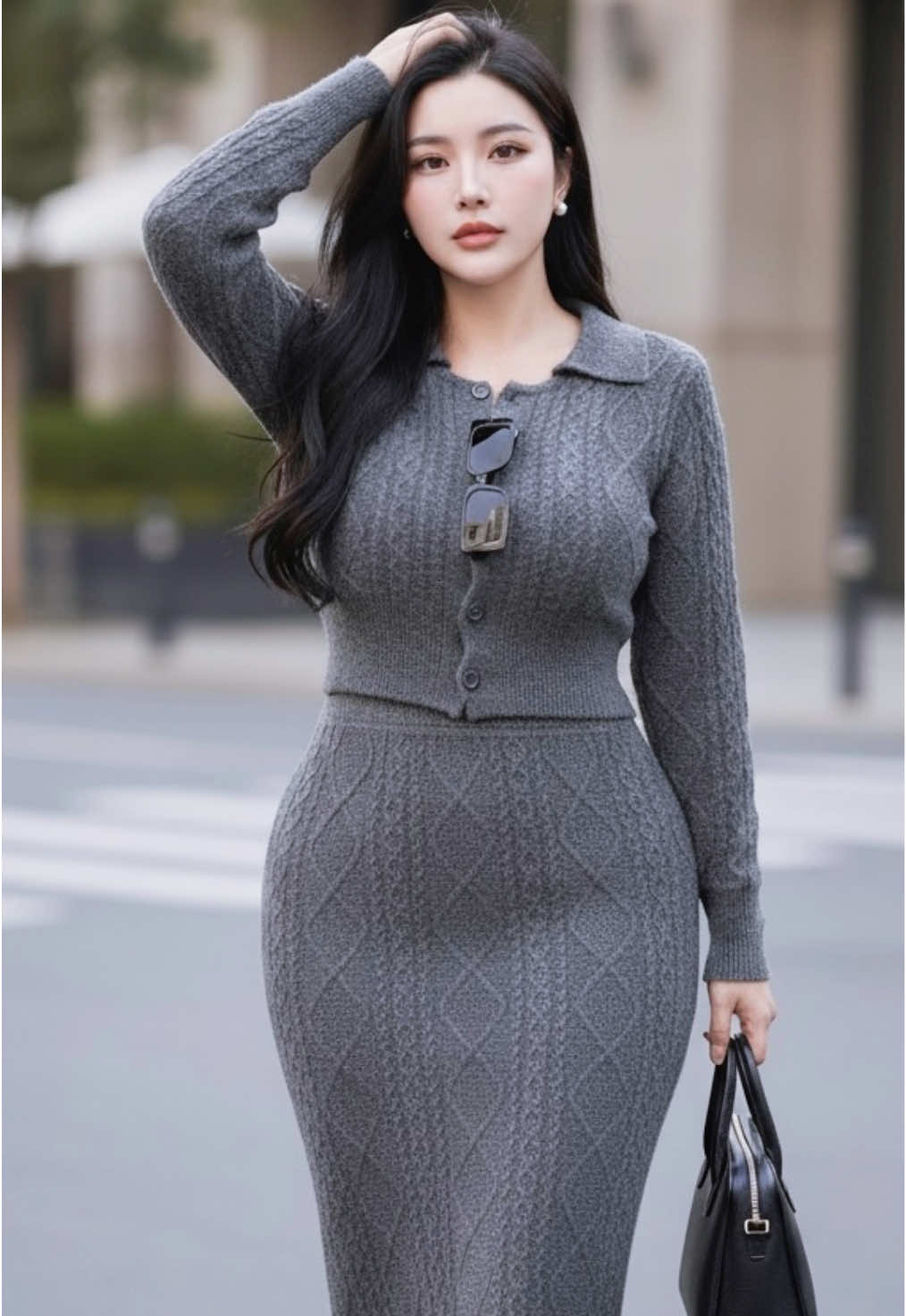 Set bộ len hàng quảng châu gồm áo len dài tay và chân váy len body dáng dài #thoitrangnu #thoitrangmuadong #thoitrangquangchau #setlen #body 