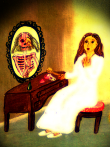 Retablitos 4. El espejo devolvía un reflejo.. pero no el de ella. En México los retablitos o exvotos son pequeñas pinturas que se entregan como ofrenda religiosa en agradecimiento por un milagro recibido, el cual está representado en la misma. #miedo #terroranalogico #mexico #cosarara #retablitos 