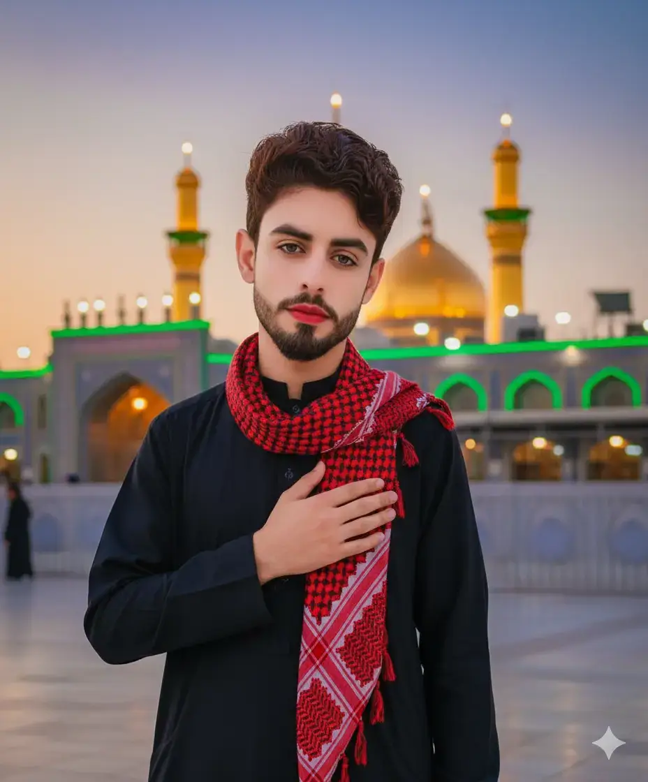 :Holy Shrine in Karbala , With its golden domes and minarets visible at sunset,I should be wearing a black traditional outfit with a red and black patterned keffiyeh scarf draped over My shoulder, My right hand should be placed on my chest in the same style keep the atmosphere Make sure the face is 100% same as in the reference image #unfrezzmyaccount ##foryoupag 