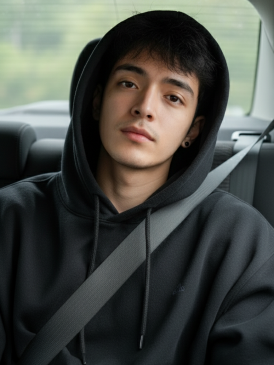 Gemini Ai Prompt: Create an image using faces of the uploaded photo: A candid photograph taken inside a car shows a young man sitting in the backseat, leaning his head slightly against the headrest while gazing softly toward the camera. The shot captures him from the chest up at a natural angle, suggesting spontaneity rather than a posed look. His black, slightly tousled hair frames his face casually, with a few strands falling across his forehead, adding to the effortless and unplanned vibe. He wears a black hoodie. Hood up.  Seatbelt over one shoulder, further emphasizing the natural, in-the-moment quality of the photo. The expression on his face is calm and neutral, with just the faintest hint of curiosity or thoughtfulness, making it feel candid rather than staged. Natural daylight filters in through the car windows, softly illuminating his features while keeping the overall lighting balanced and realistic. The blurred background outside the window shows greenery, providing context without distracting from the subject. The overall mood of the photo is casual, intimate, and candid, as though it was taken spontaneously during a quiet moment in transit, perfectly preserving a natural and authentic expression.. Do not over-edit or enhance the face in any way. Maintain a high degree of facial fidelity to the provided image.  #gemini #ai #trending #tiktok #fyp 