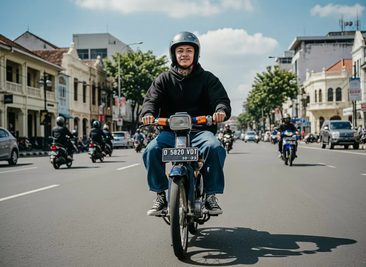 Panasss cuyyy Bandung... PROMPT : Foto realistis seorang pria muda dengan wajah sesuai reference, mengendarai motor Honda Astrea 90-an full body melaju santai di jalan raya Kota Bandung. Ia mengenakan helm abu-abu glossy, hoodie hitam oversized, celana jins gombrong lebar, dan sepatu Converse hitam klasik. Ekspresi fokus dengan senyum tipis, menatap lurus ke depan. Plat nomor motor terlihat jelas: D 5820 VDT dengan tulisan kecil 10•29. Latar belakang jalan kota menampilkan banyak motor dan mobil, bangunan tua khas Bandung, serta gedung-gedung modern lain, semua terlihat jelas dan tajam. Langit biru dengan cahaya merata, kontras dengan awan putih bertumpuk, menyinari seluruh pemandangan. Detail tajam pada pakaian, motor, jalan, dan semua elemen di latar belakang. Gaya fotografi natural, seolah diambil dengan kamera iPhone. #kceut #photolab #GEMINI #AI #AIprompt 