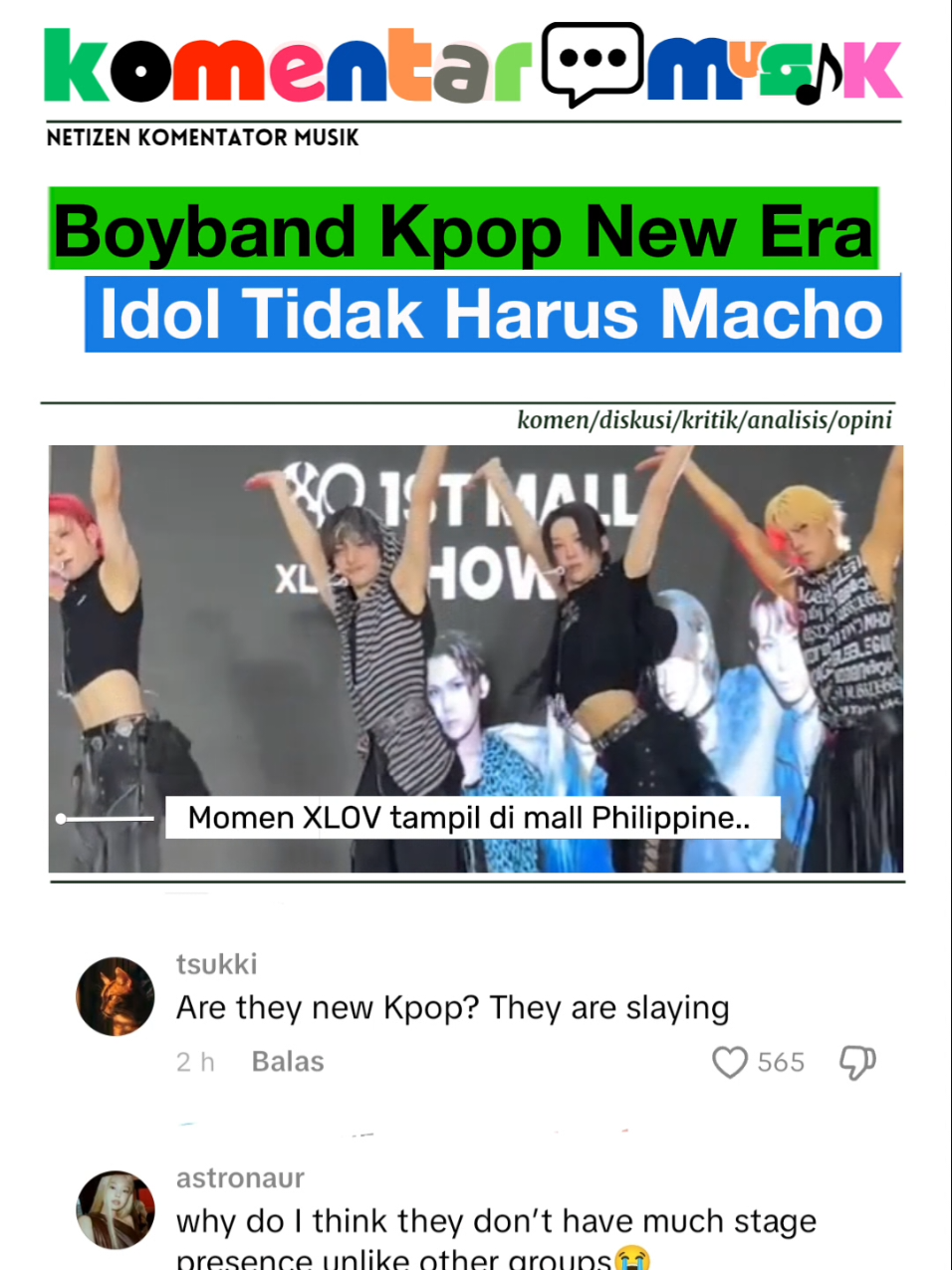 Fenomena Boyband K-Pop Era Baru: XLov Tampil di Manila, Buktikan Idol Tidak Harus Macho Komentar Musik – Industri K-Pop terus berkembang dengan menghadirkan warna dan tren baru. Salah satunya terlihat dari penampilan grup pendatang baru XLov yang menggelar showcase perdana mereka di Robinsons Las Piñas, Filipina. Acara ini sekaligus menjadi bagian dari rangkaian mall tour mereka yang menarik perhatian penggemar lokal maupun internasional. Dalam penampilan tersebut, XLov membawakan lagu andalan mereka “1&Only” dengan penuh energi. Gaya panggung dan konsep fesyen yang diusung grup ini tampak berbeda dari citra boyband K-Pop generasi sebelumnya. Mereka menampilkan sisi ekspresif, penuh warna, dan tidak terjebak pada stereotip maskulinitas yang selama ini melekat kuat pada idol pria. Respon publik pun beragam. Beberapa netizen memuji kehadiran XLov sebagai angin segar di industri K-Pop. Akun tsukki berkomentar, “Are they new K-Pop? They are slaying.” Sementara itu, ada pula yang mengkritik performa panggung mereka. Pengguna astronaur menulis, “Why do I think they don’t have much stage presence unlike other groups,” mengisyaratkan bahwa XLov masih perlu memperkuat kharisma di atas panggung. Meski demikian, perjalanan XLov dianggap memiliki potensi besar. Seorang netizen, EJMilan05, membandingkan mereka dengan BTS yang juga memulai karier dari panggung kecil. “Best believe BTS was start going to these small meet and greet concert in the mall. I hope they get so popular like them,” tulisnya. Pandangan ini menunjukkan bahwa panggung sederhana tidak menutup kemungkinan bagi sebuah grup untuk meraih popularitas global. Fenomena XLov sekaligus mencerminkan pergeseran paradigma dalam industri hiburan Korea Selatan. Boyband kini tidak lagi dituntut selalu tampil macho atau konvensional, melainkan bebas mengeksplorasi identitas artistik mereka. Hal ini sejalan dengan tren global yang semakin menghargai keberagaman ekspresi dan inklusivitas di dunia hiburan. Dengan modal keberanian untuk tampil berbeda serta dukungan penggemar yang terus bertambah, XLov berpotensi menjadi salah satu representasi boyband era baru. Waktu yang akan menentukan apakah mereka mampu menembus pasar global seperti pendahulunya, atau justru menciptakan jalur baru dalam sejarah K-Pop. #kpop #kpopfyp #idol #idolface #komentarmusik 