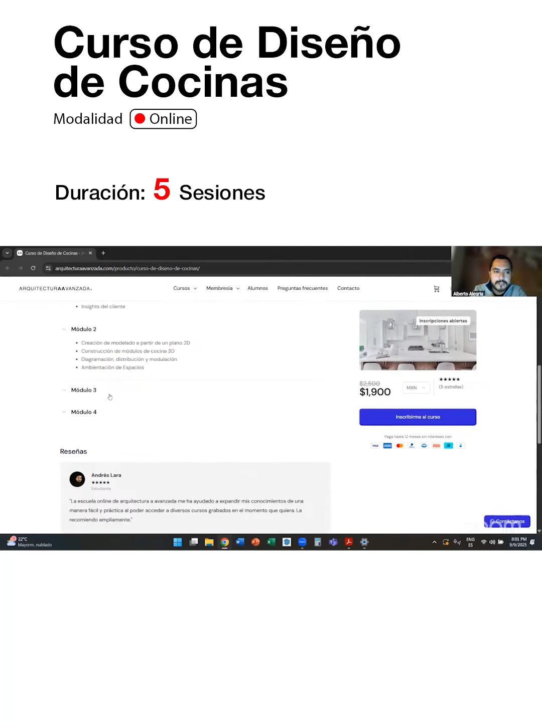 🏳️ MAÑANA COMENZAMOS 🏳️ Curso de Diseño de Cocinas Impartido por: Arq. Alberto Alegría Modalidad de curso: Online 🔴 📅 Fechas de sesiones: • 7 de octubre del 2025 • 14 de octubre del 2025 • 21 de octubre del 2025 • 28 de octubre del 2025 • 4 noviembre del 2025 ⏰ Horario:  Martes de 7:00 a 9:00 PM Centro de México🇲🇽 📜 Constancia: Al finalizar el curso y al entregar el proyecto tienes derecho a una constancia digital la cual acredita que tomoste un curso con nosotros.  — Inscríbete en el enlace de nuestro perfil. https://www.arquitecturaavanzada.com/cursos-en-vivo/curso-de-analisis-de-precios-unitarios/ 💲 Hasta 12 meses sin intereses pagando con métodos de pago participantes. Alumnos de la Membresía AA obtienen un 10% descuento. — Si aún no eres miembro de @arquitecturaavanzada Únete desde $300 MXN al mes Enlace en nuestro perfil: www.arquitecturaavanzada.com/seleccion-del-plan/ Solicita más información, dejándonos tu correo o escríbenos a: contacto@arquitecturaavanzada.com — #membresíaAA #escueladearquitectura #arquitectura #clasesAA #conferenciasAA #cursosenlinea #clasesenlinea
