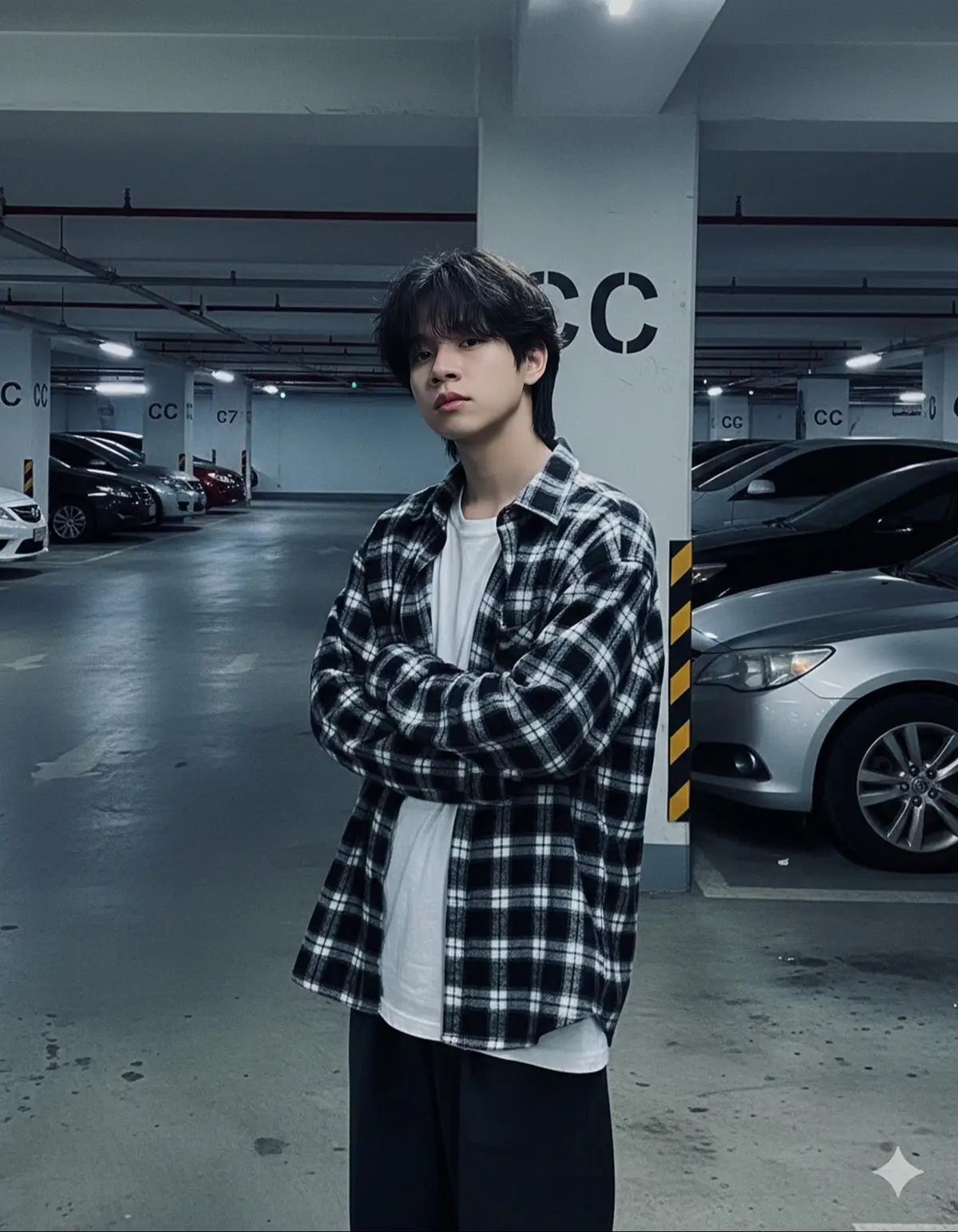 Prompt: A young man with the facial features of [reference image], standing in an underground parking lot. Hairstyle: soft layered messy haircut, voluminous and natural. Outfit: oversized black-and-white plaid flannel shirt worn open over a plain white T-shirt, paired with dark pants. Pose: arms folded across chest, shoulders relaxed, body slightly angled, head tilted a bit while looking directly at the camera with a calm expression. Background: basement parking garage with concrete pillar marked “CC”, black-and-yellow hazard stripes, parked cars in dim light. Lighting: realistic cool fluorescent glow with slight shadow, just like a candid phone snapshot. Vertical framing, casual urban vibe, natural composition. #gemini #fyp #viral #prompt #xuhuong 