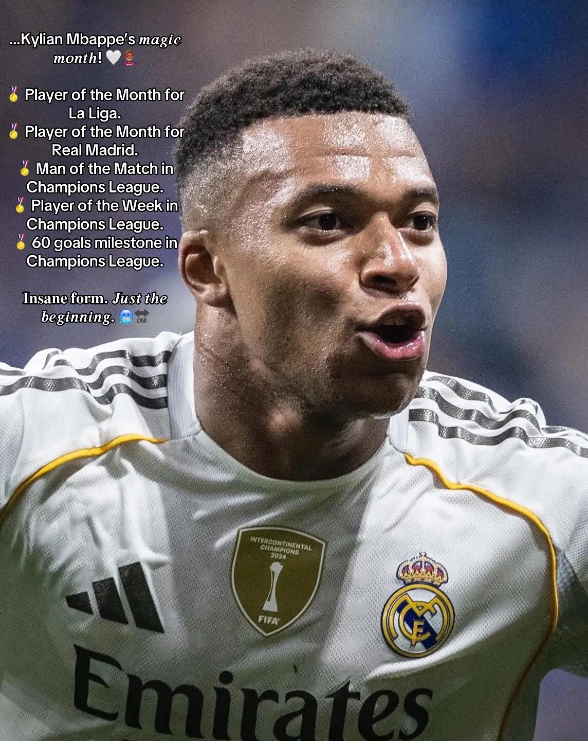 …Kylian Mbappe’s 𝒎𝒂𝒈𝒊𝒄 𝒎𝒐𝒏𝒕𝒉! 🤍🦸🏽‍♂️ 🏅 Player of the Month for La Liga. 🏅 Player of the Month for Real Madrid. 🏅 Man of the Match in Champions League. 🏅 Player of the Week in Champions League. 🏅 60 goals milestone in Champions League. 𝐈𝐧𝐬𝐚𝐧𝐞 𝐟𝐨𝐫𝐦. 𝑱𝒖𝒔𝒕 𝒕𝒉𝒆 𝒃𝒆𝒈𝒊𝒏𝒏𝒊𝒏𝒈. 🥶🔛#realmadrid #mbappe 