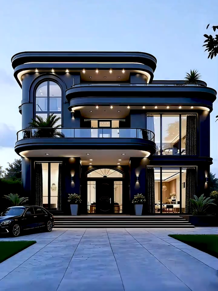 Phần 203: 🌙 Biệt thự 3 tầng tone tối – Sang trọng & quyền lực 🏡✨ Kiến trúc bo cong mềm mại, mặt tiền sang trọng kết hợp ánh sáng đèn led tinh tế 💡. Không gian sống đẳng cấp, khẳng định vị thế thượng lưu 🚘🔥.  #NhàĐẹpGiaPhố #BiệtThựHiệnĐại #KhôngGianSangTrọng #XuHướngNhàĐẹp #KiếnTrúcĐẳngCấp