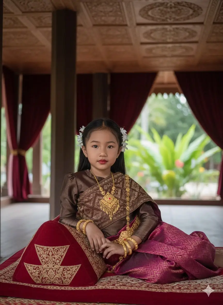 Here the Prompt: Use the face from this uploaded photo to create a poised beautiful khmer woman, dressed in elaborate traditional khmer regional attire, reclining gracefully on a richly decorated red velvet cushion with gold embroidery. She wears a striking ensemble featuring a shimmering dark brown or bronze top with heavy gold traditional jewelry, including necklaces, armbands, and bangles, layered over a vibrant magenta or purple patterned silk sarong-style skirt. Her hair is neatly styled with white flowers tucked into it, and she has a calm, direct gaze. The background features a traditional wooden interior with dark pillars, ornate wooden ceilings, and dark red curtains, suggesting an ancient or historical setting. Lush tropical greenery is visible in the soft focus distance, indicating an outdoor or open-air structure.