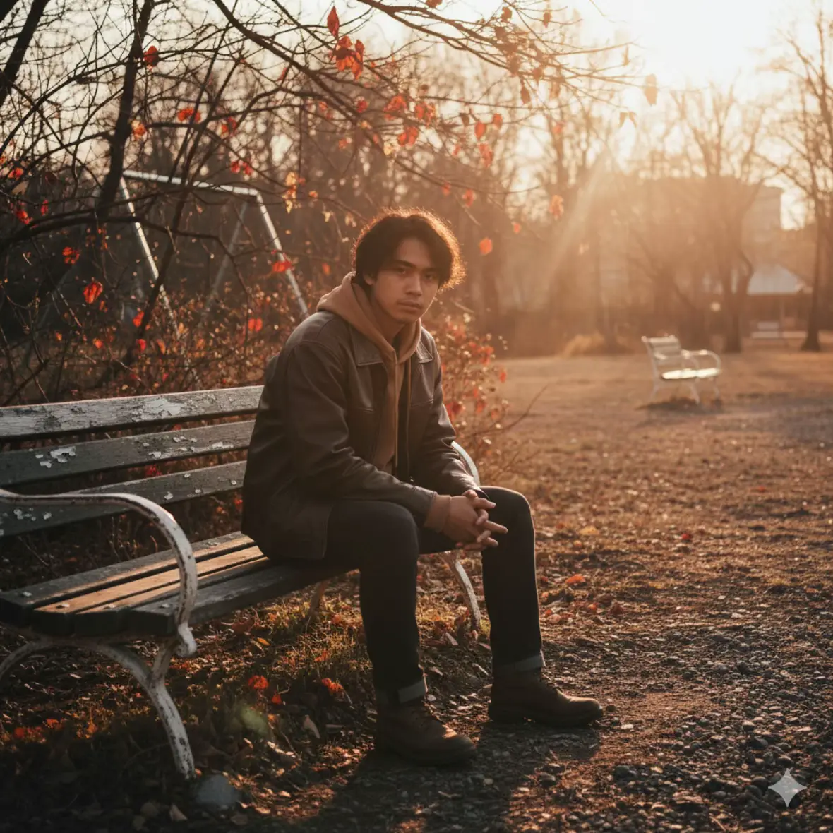 Prompt : A warm, melancholic outdoor photograph captured during the golden hour, likely at sunset. In the center of the frame, an Indonesian young man sits on a weathered, old long park bench made of peeling white-painted metal and wood. He wears a loose, dark brown leather jacket over a light brown hooded sweater, dark jeans, and sturdy, well-worn boots. His dark, middle-parted hair is messy, and his face, directed towards the camera, holds a reflective, sad, and pensive expression. He sits upright on the edge of the bench, knees slightly bent, with his hands clasped between them. The background is a wild, slightly overgrown park or open area. The bench occupies most of the lower frame. Behind and around him are leafless, dry trees and bushes with a few scattered red and orange leaves, suggesting late autumn or early spring. Bare branches reach upwards, filling the top of the frame. In the lower right, dry, rocky ground with fallen leaves forms a path that recedes into the background. To the upper left, the faint, metallic structure of an old swing set or seesaw is visible. Further in the distance, to the right, another white, more modern park bench is placed in a brighter, sunlit area. A faint, blurred outline of a building structure can be seen among the distant trees. The entire scene is bathed in intense, warm light from the sun located in the upper right, creating a partial silhouette of the man and his surroundings. Strong sunbeams pierce through the bare branches, creating beautiful, dramatic light rays and a lens flare effect. This backlighting also creates a glowing 