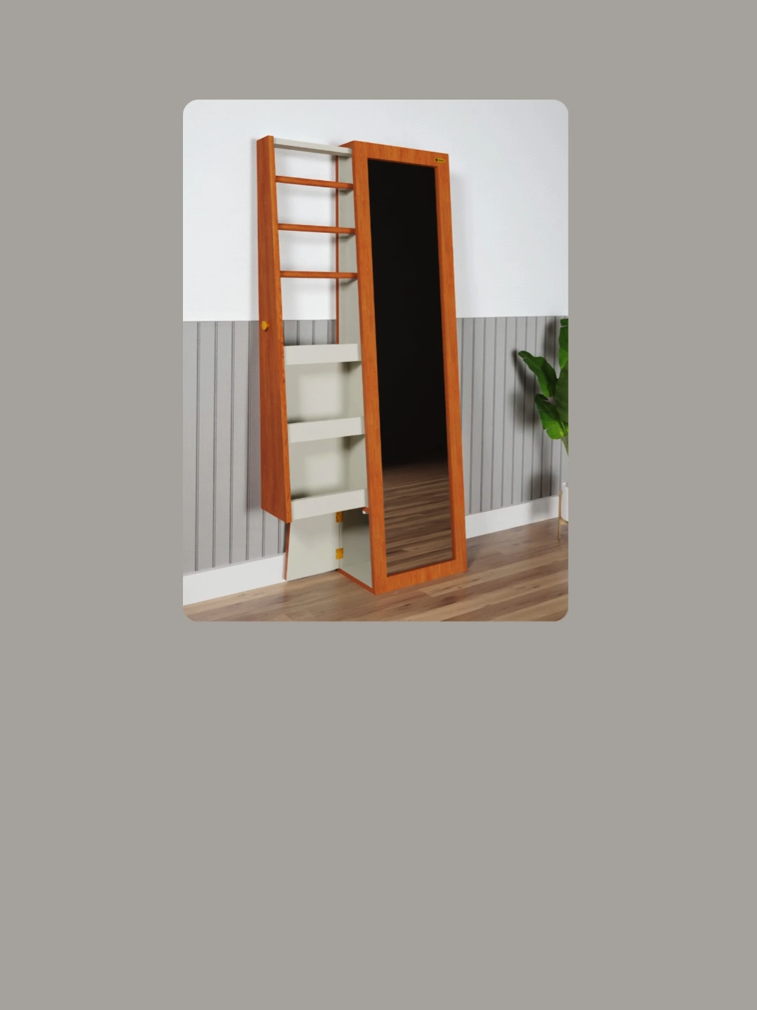 Standing Mirror 2 in 1 Hijab & Make Up adalah cermin full body multifungsi dengan rak tersembunyi di bagian dalam untuk menyimpan hijab, make up, parfum, dan aksesoris. Desainnya minimalis dan hemat ruang, cocok untuk kamar modern agar tetap rapi dan tertata dengan sentuhan elegan. **DESKRIPSI LENGKAP** ✨  Dimensi Produk: Panjang 40 cm, Lebar 25 cm, Tinggi 150 cm ✨  Material Lemari: Plywood Tebal + Decosheet + Kaca  ✨  Warna: Putih dengan Sentuhan Kayu Alam ✨  Material Penyangga Hijab: Kayu grade A #standingmirror #furniture #mirror #rakmakeup #kaca #homedecor #rakhijab #lemarisliding #cermin