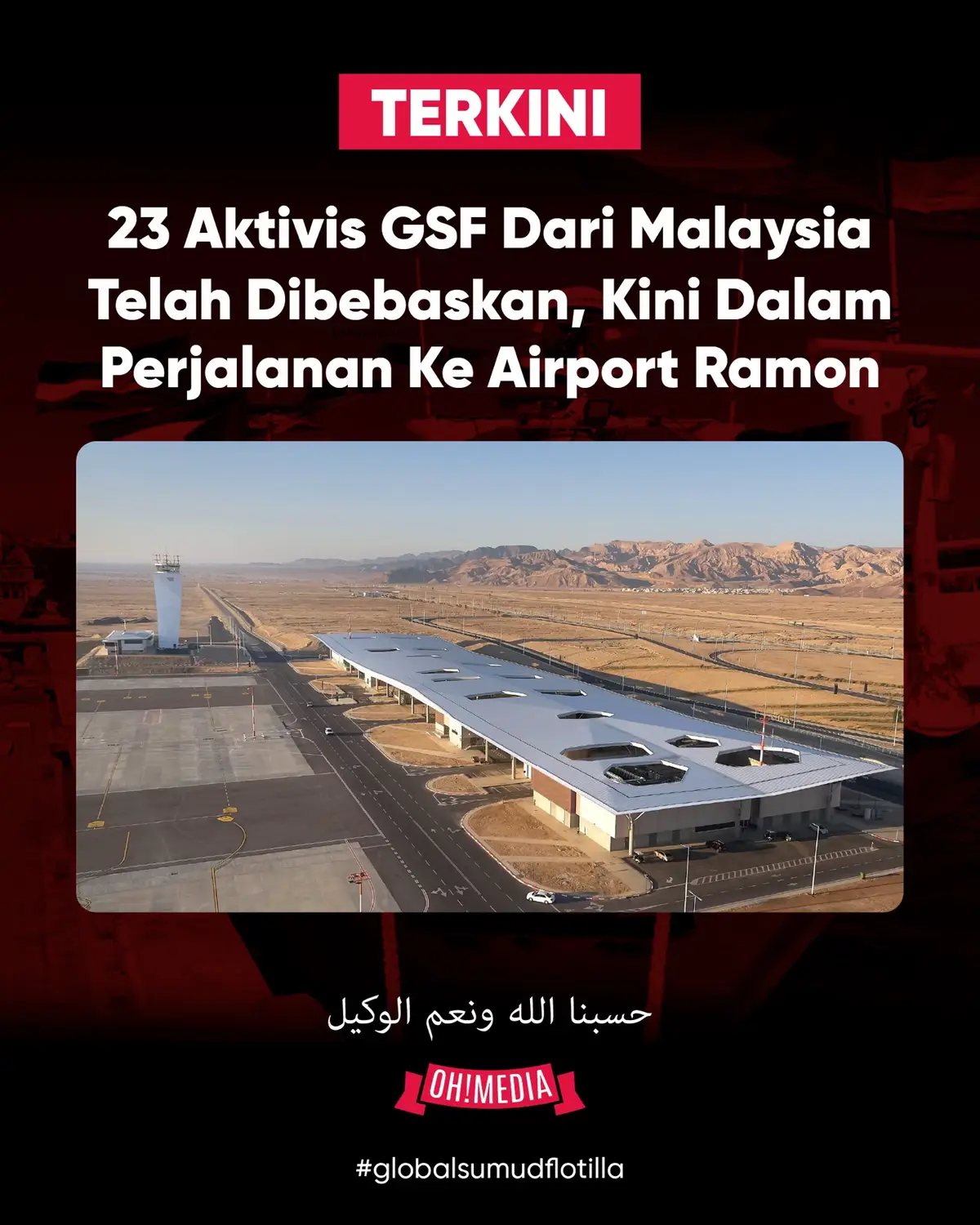 Terkini ‼ Perdana Menteri, Datuk Seri Anwar Ibrahim mengesahkan bahawa semua 23 aktivis Malaysia yang ditahan IDF ketika menyertai misi kemanusiaan Global Sumud Flotilla (GSF) telah dibebaskan. Mereka kini dibawa ke Lapangan Terbang Ramon, Israel sebelum berlepas ke Istanbul, Turkiye. Kesemua aktivis dijangka pulang ke tanah air esok malam atau lusa. Alhamdulillah 🤲🏻 #ohmedia #mf