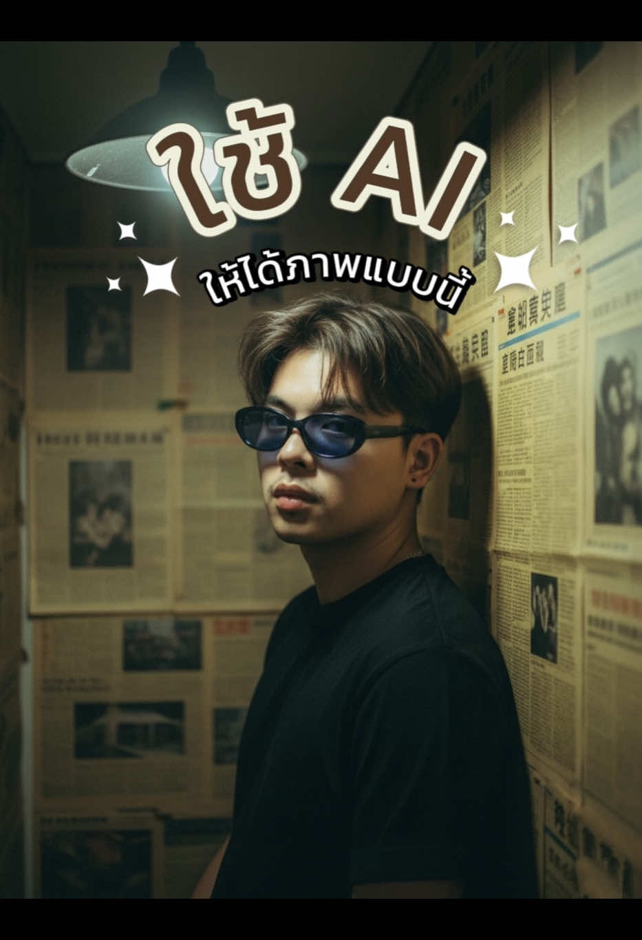 ใช้ Gemini ทำภาพแบบนี้ 📸 1.     โหลดแอบGemini 2.    เพิ่มรูปที่จะสร้าง 3.    ใส่คำสั่งPrompt ✨Create a Photorealistic Hong Kong retro portrait of a handsome young man , and with authentic 1990s film look. Half-body. Subject leaning against newspaper-covered wall, gaze soft and Hair messy comma haircut, wearing Black t-shirt, wearing blue sunglasses , strands falling across face. Very little glossy lips, dewy skin. Narrow Hong Kong room, walls plastered with old yellowed Cantonese newspapers. Tungsten bulb glow with faint green spill. Shadows heavy, highlights bloom. --ar 4:5--s 250--raw. Use the reference foto, don't alter the face, make it identic 100% #สตอรี่ความรู้สึก #gemini #googlegemini #ai #สร้างรูปด้วยai 