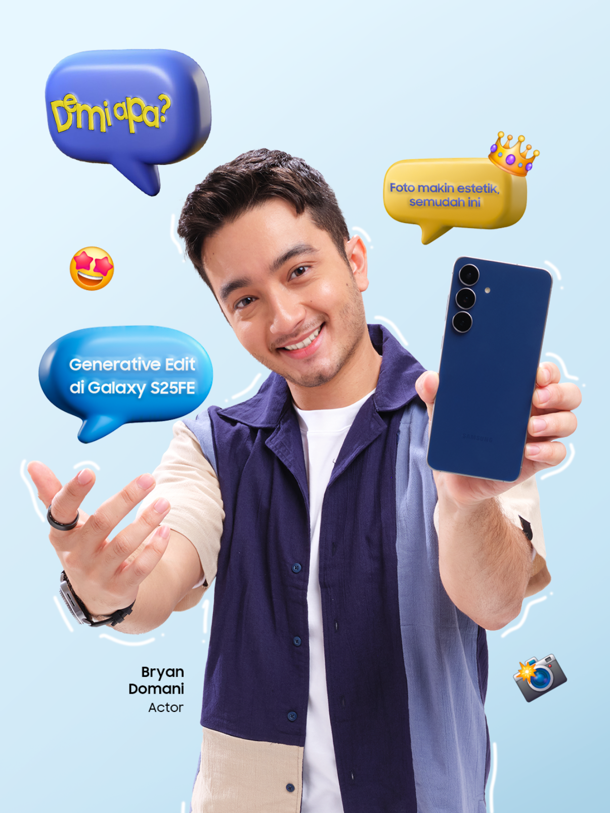 DEMI APA?! Ngonten makin seru dengan 12 MP front camera dan #GalaxyAI Generative Edit di #GalaxyS25 FE! 😱😱 Reply dengan emoji 💙 kalo kamu mau selfie pake HP yang #BeneranWorthIt bareng Bryan Domani! Beli Galaxy S25 FE sekarang dan dapatkan:  🎁 Benefit hingga Rp2.649.000   💳 Cicilan mulai Rp833.000/bulan  Periode hanya sampai 31 Oktober 2025.