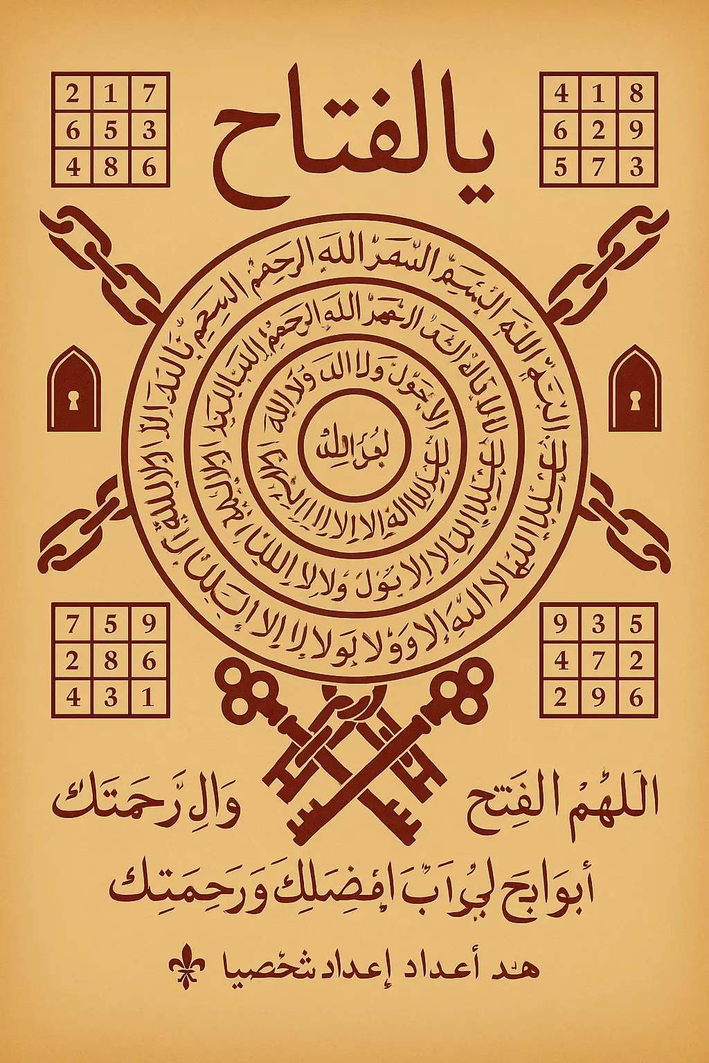 Bu tılsım, havas ilmi ile hazırlanmış özel bir çalışmadır. Merkezinde “يا فتاح” (Ya Fettâh) ismi yer alır; bu isim tüm kapalı yolları ve kısmetleri açan İlahi anahtardır. 	•	Katman Katman Daireler: İç içe geçmiş halkalarda “بسم الله الرحمن الرحيم” ve “لا حول ولا قوة إلا بالله” duaları tekrarlanır. Bu düzen, tılsımın enerjisinin sürekli akışını ve her yönden sahibine ulaşmasını simgeler. 	•	Dört Köşe Vefkleri: Refah, huzur, rızık ve manevi koruma için Ebced hesaplarıyla hazırlanmış 3x3 kareler yerleştirilmiştir. 	•	Anahtar ve Kapı Motifi: Zincirler arasında saklı küçük kapı sembolleri, engellerin çözülmesini ve yeni fırsatların açılmasını temsil eder. 	•	Koruyucu Dualar: “اللهم افتح لي أبواب فضلك ورحمتك” (Allah’ım bana fazlının ve rahmetinin kapılarını aç) duası alt kısımda yer alır. 🔮 Bu mühür, sahibine: 	•	Kapalı yolların açılması, 	•	Rızık ve bereketin artması, 	•	Hayatındaki engellerin çözülmesi, 	•	Manevi huzur ve refahın daim olması için hazırlanmıştır. ⚜️ Not: Bu tılsım kişisel olarak hazırlanmıştır. #GizemliEnerji #KadimSırlar #RuhsalYolculuk #TılsımGücü #mutluluk 