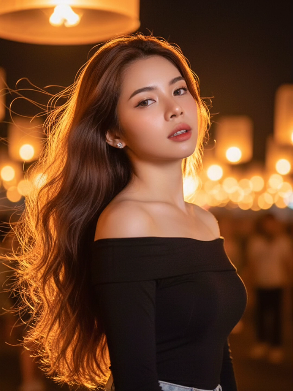 Gemini prompt 🍒 How to create Step 1 : Download Gemini AI Step 2 : Upload your photo Step 3 : Copy this prompt A beautiful 26-year-old woman with a slender figure, fair skin, and a serene, dreamlike expression. Her hair is long with slight waves, in a medium chocolate brown color, with natural golden highlights that shimmer softly in the evening light. Her hair flows freely and gracefully in the wind, giving a romantic and airy feeling. She faces the camera, slightly squinting her eyes as if in a dream, with her lips gently parted. Her makeup is natural and simple — her skin appears soft and radiant, her lips are a very light pink, and her eyes and eyebrows are defined subtly without the use of dark eyeliner. She wears an elegant, sexy black off-shoulder long-sleeve top paired with a denim skirt. Her gaze is directed toward the camera. She wears small diamond earrings, with fine baby hairs softly framing her face. The scene is illuminated by the gentle glow of a **lantern festival at night**, where large and small lanterns float alternately in the background. The lights are beautifully blurred with a **shallow depth of field (bokeh)**. The image is captured with a **professional DSLR or mirrorless camera**, using a **prime lens (50mm or 85mm)** and a **wide aperture (f/1.4–f/2.0)**. Natural lighting creates a **strong rim light** around her hair, making it shine brilliantly. The overall tone is **warm and golden**, film-like, with **soft focus** that evokes the feeling of a **dreamy daydream**. **Aspect ratio:** 16:9. #CapCut #fyp #foryoupage 