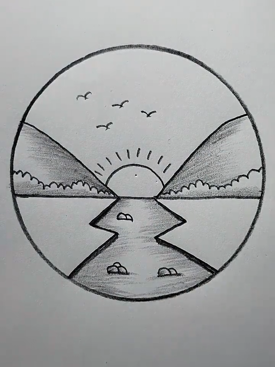 Sunset scenery drawing#drawing #Foryou #artistsoftiktok #arteducation #trending 