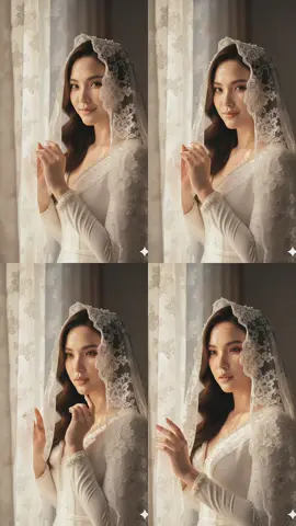 Use photo uploaded do not alter face With this image, create a dreamy close-up portrait, where warm sunlight filters through lace or floral openings, casting enchanting patterns on the skin. Her makeup is soft and romantic, and her facial expressions are delicate, almost mesmerizing. A full veil and shadows move as if telling a story. One hand softly touches the curtain. Style: Soft, feminine glamour, natural luxury. A covered white wedding dress, embellished with pearls, with a large embroidered veil adorning the entire head.#Prompt #geminiai #Ai #aiprompt #fyppppppppppppppppppppppp 