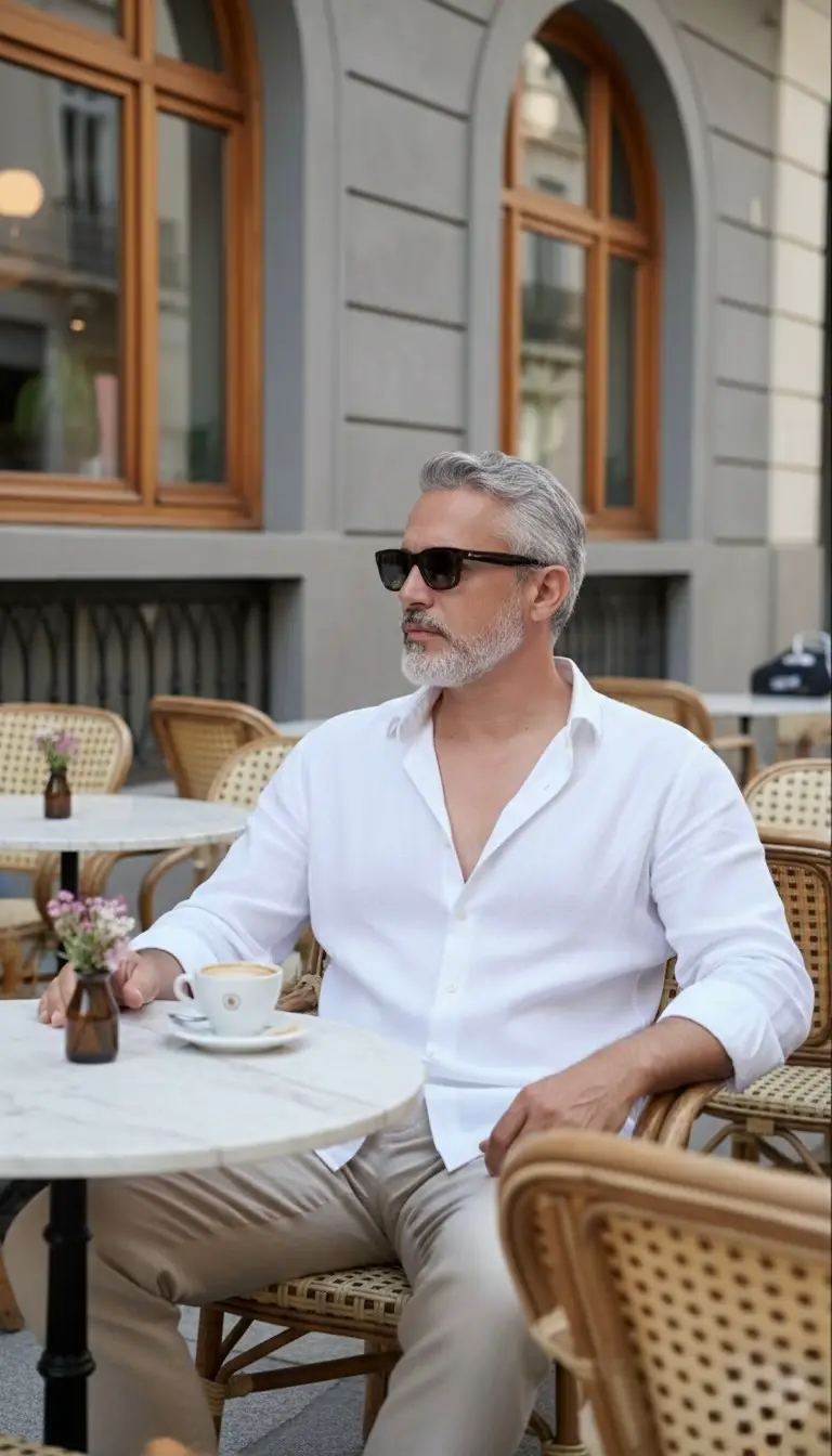 Crie uma imagem Um homem  (rosto Semelhante à Foto com todas as características da imagem ) está relaxando em uma cadeira ao ar livre em um café elegante da Europa sentado e na mesa uma elegante xícara de café  com as paredes texturizadas cinza e grandes janelas curvas de madeira. La está usando uma camisa  branca  solta com botões  abertos no pescoço, usando óculos escuros e usando uma calça de linho bege , olhando de lado para a rua , Imagem hiperrealista profissional