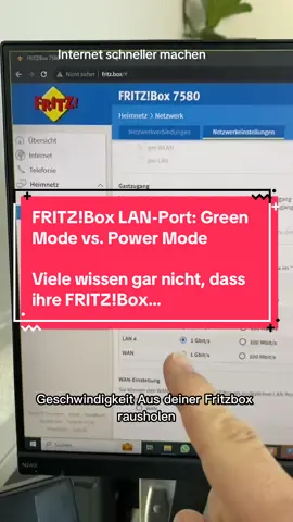 FRITZ!Box LAN-Port: Green Mode vs. Power Mode  Viele wissen gar nicht, dass ihre FRITZ!Box standardmäßig im Green Mode läuft — und genau das kann deine LAN-Geschwindigkeit massiv bremsen. Was bedeutet das? Im Green Mode spart die FRITZ!Box Energie, indem sie die LAN-Ports auf 100 Mbit/s begrenzt. Im Power Mode liefert der gleiche Port volle 1 Gbit/s — perfekt für schnelle Datenübertragungen, Server, NAS oder Streaming.    So stellst du um: 1️⃣ FRITZ!Box öffnen → fritz.box 2️⃣ Menü: Heimnetz → Netzwerk → Netzwerkeinstellungen 3️⃣ LAN-Einstellungen → von Green Mode auf Power Mode umstellen 4️⃣ Übernehmen ✅ Ergebnis: Schnellere Datenraten, stabilere Verbindungen und mehr Performance im lokalen Netzwerk. Tipp: Immer dort „Power Mode“ aktivieren, wo du PCs, Server oder Switches angeschlossen hast. Geräte wie Smart-TVs oder Drucker dürfen gerne im Green Mode bleiben – das spart Strom. Fazit: Ein kleiner Klick in der FRITZ!Box – und dein Netzwerk rennt! #FRITZBox #Netzwerk #ITTipps #totorioIT #ITDienstleister        