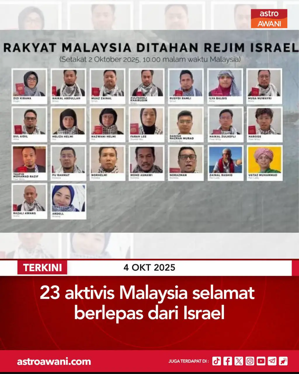 Kesemua 23 sukarelawan rakyat Malaysia yang ditahan rejim Zionis sudah menaiki penerbangan dari Lapangan Terbang Ramon, Israel pada jam 1.45 tengah hari (6.45 petang waktu Malaysia) menuju ke Istanbul. Mereka menaiki pesawat dengan kod penerbangan TK6921. Anggaran waktu ketibaan di Istanbul adalah pada jam 3.40 petang (8.40 malam waktu Malaysia). Ikuti berita terkini di https://grid.astroawani.com/ #AWANInews