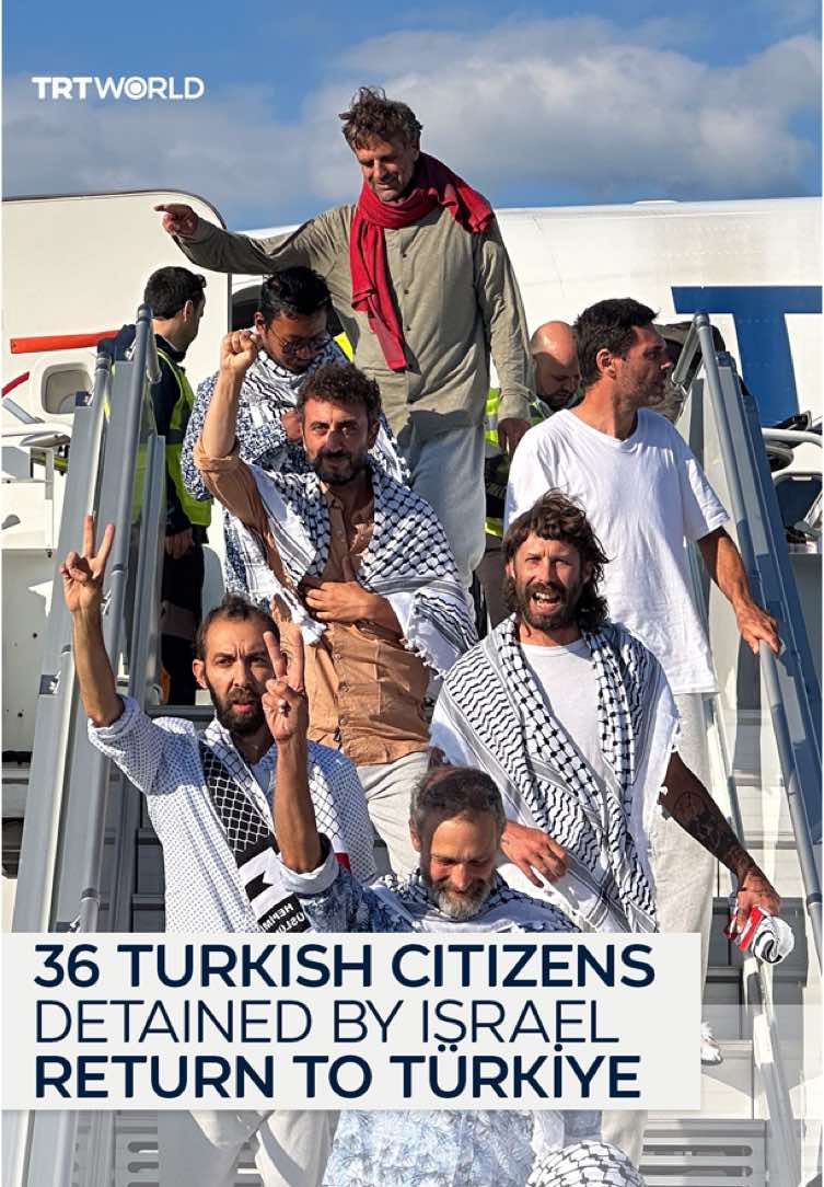 36 Turkish citizens detained by Israeli forces on Global Sumud Flotilla were returned to Türkiye on October 4 via a special flight. Aside from the Turkish citizens, nationals of Malaysia, the US, the UAE, Algeria, Morocco, Italy, Kuwait, Libya, Mauritania, Switzerland, Tunisia, and Jordan were also aboard the plane.