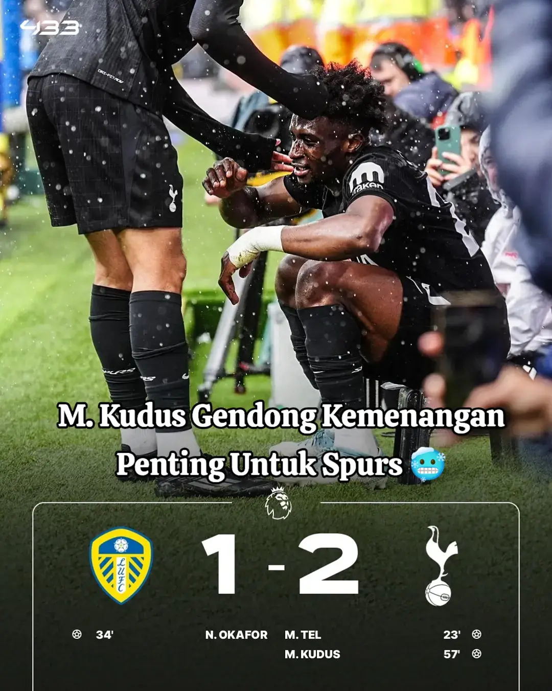 Tottenham menang lawan Leeds, gol kemenangan dicetak Mohammed Kudus dan melakukan selebrasi duduk khas dirinya 🥶 Tak hanya itu, Kudus juga memberikan assist untuk gol pertama Spurs. Bournemouth semalam comeback 3-1 lawan Fulham. Untuk sementara Bournemouth naik ke peringkat 2!  Antoine Semenyo pemain yang sedang on fire. Dari 7 laga EPL, ia kontribusi 9 gol 🔥 (6 gol + 3 assist).  #tottenham #bournemouth #kudus #antoinesemenyo #PremierLeague 