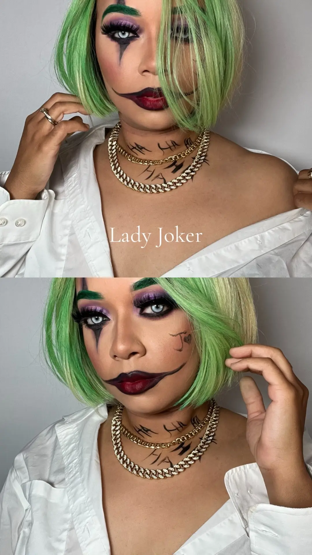 I loved creating this look. It’s a sexy, glam version of the joker! Who says all Halloween looks have to be spooky 👻  Products used: @elfcosmetics soft glam satin foundation @Huda Beauty faux filter concealer  @Morphe Cosmetics mini bake and set translucent powder @SHEGLAM liquid bronzer in Terrecota @gleglow contact lenses in Selene grey  @Juvia’s Place bronzer duo in Tan @MakeupByAlea eyeshadow palette and just blushing palette  @L’Oréal Paris infallible grip precise felt eyeliner #halloweenmakeuplook #spookymakeup #spookyglam #makeupartist #makeuptransformation 