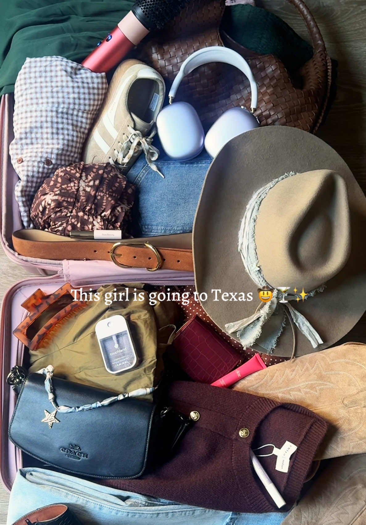 Texas girls trip here we come!🤠(The way that this isn’t even half of everything I’m packing😆) @BÉIS @Princess Polly @Dyson USA @Tecovas  #packwithme #texas #girlstrip #microinfluencer #falloutfits 